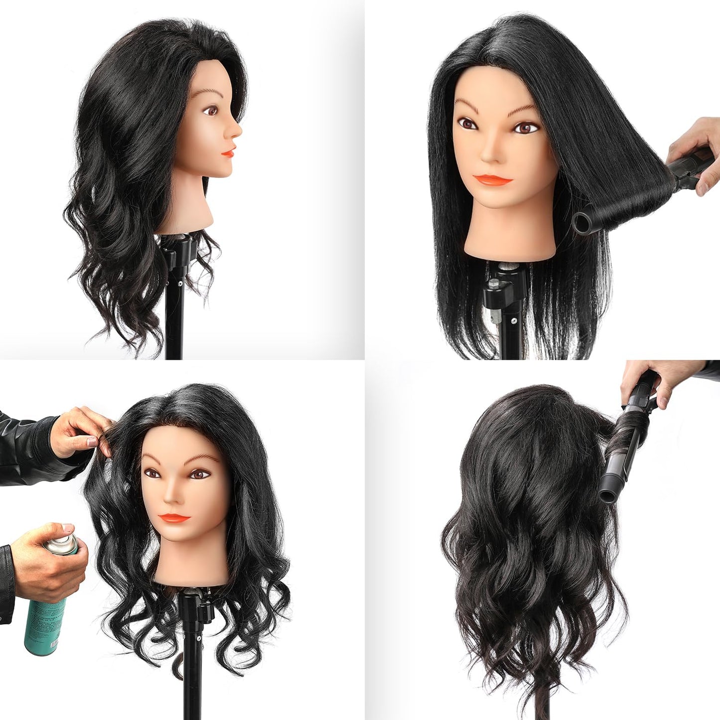 Human Hair Mannequin Head - Realistic Training Head for Hairdressers | Natural Black with Stand