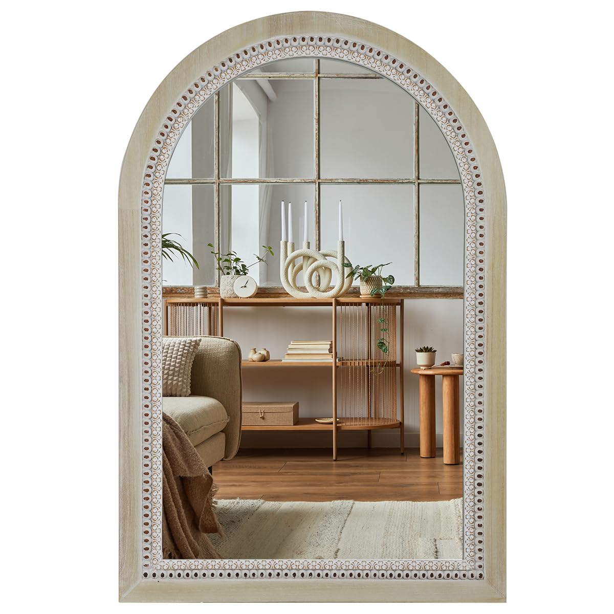 Arched Wooden Mirrors for Farmhouse Wall Decor Arched Wood Frame With Beads Details, Rustic Large Bathroom Vanity Mirrors for Bathroom, Over Sink, Bedroom, Living Room, Entryway,Foyer (36''Lx24''W)