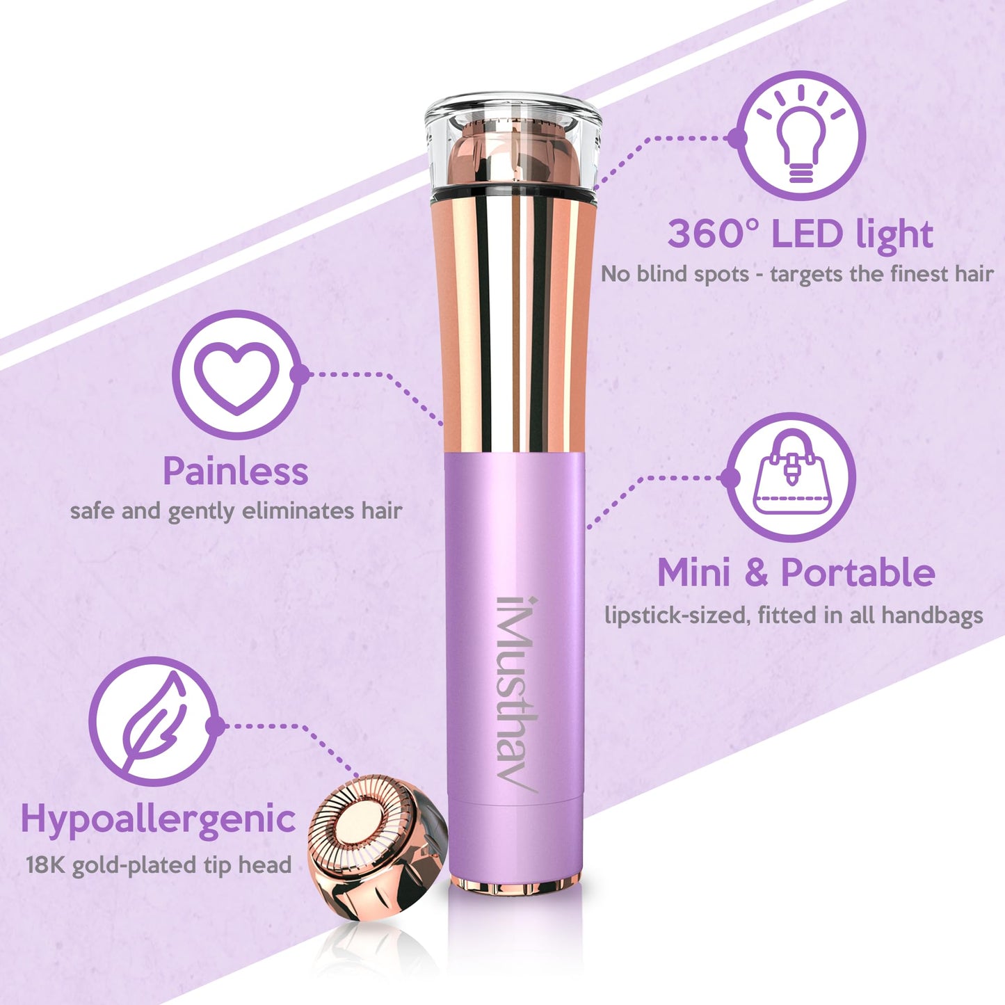 Facial Hair Removal for Women, Painless & Flawless Electric Face Hair Remover, Face Shaver Razor & Trimmer for Upper Lip, Chin & Peach Fuzz, 18K Gold-Plated / 360° LED Light/Floating Head Blade