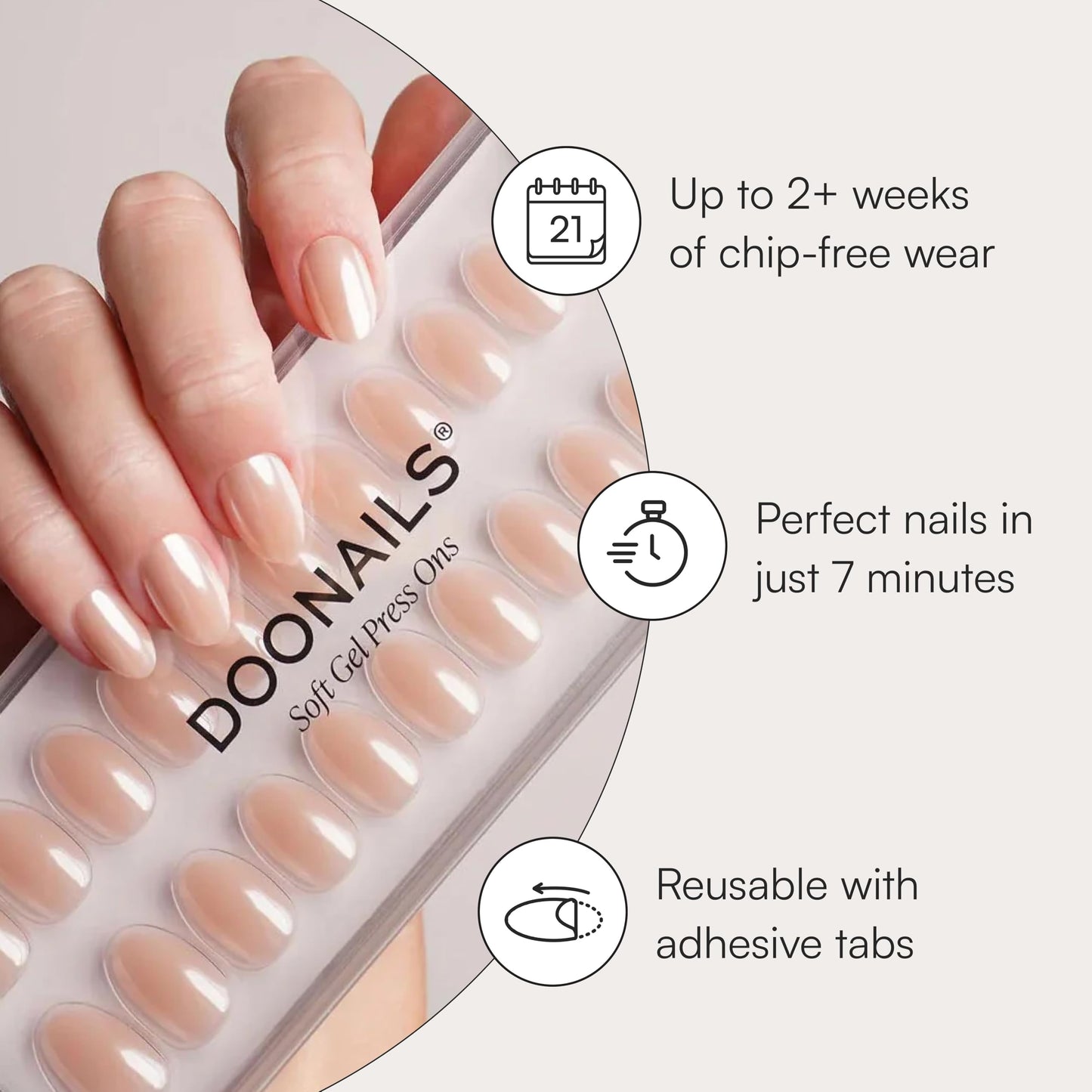 DOONAILS Soft Gel Press On Nails - 30 Pcs Kit with Stickers in 15 Sizes – Nude, Short Round – Reusable Glue On Fake Nails, Handmade & Salon-Quality Finish, Vegan & Cruelty-Free, Uñas Postizas
