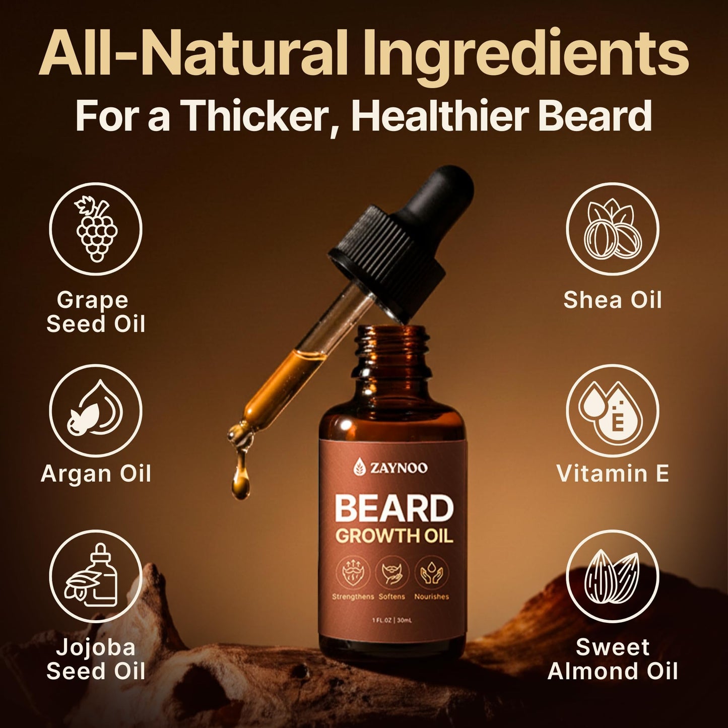 Zaynoo Beard Growth Oil for Men 30ml - Organic 100% Natural Jojoba & Argan Oil with Vitamin E for Mustache Growth Oil, Infused with Sandalwood Scent, Promotes Thicker Fuller Beard & Reduces Itch