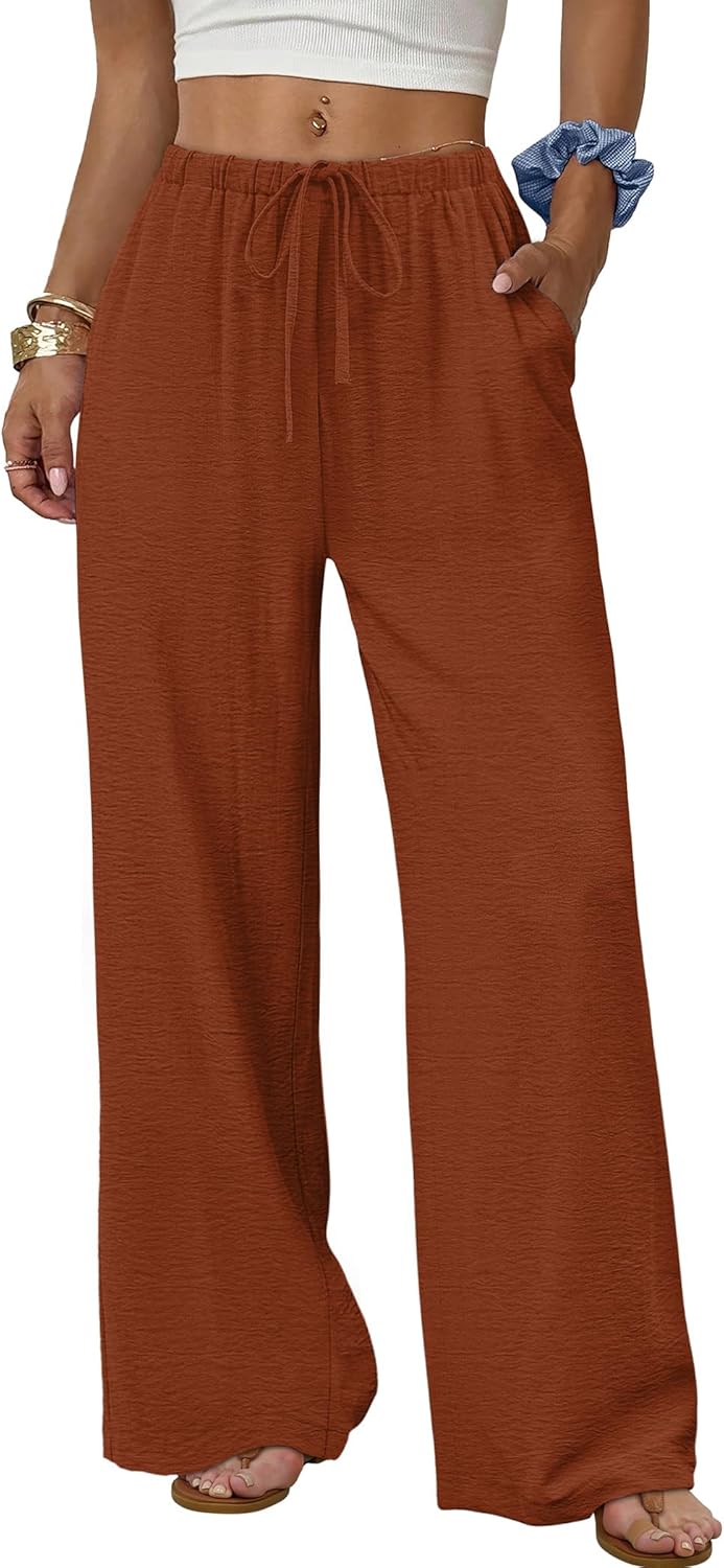 Wide Leg Pants for Women - Flowy Palazzo Trousers with Drawstring & Pockets | Summer Beach Vacation Wear