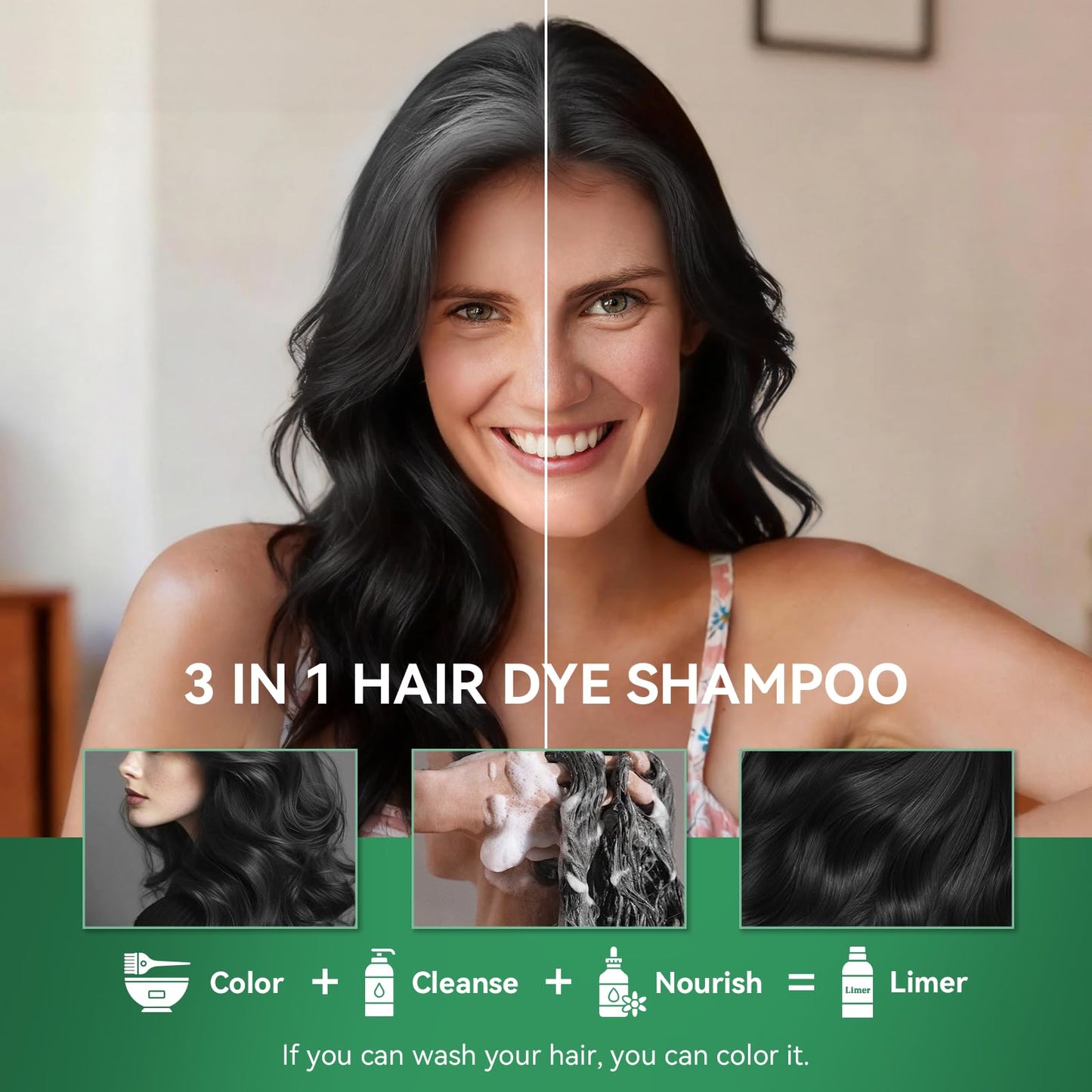 Limer Black Hair Dye Shampoo for Gray Hair, 3-in-1 Color Shampoo, 6 Herbal Extracts, 100% Grey Coverage, Non-Staining, 6-8 Weeks Lasting, for Women & Men, Shampoo para Pintar el Cabello, 460ml