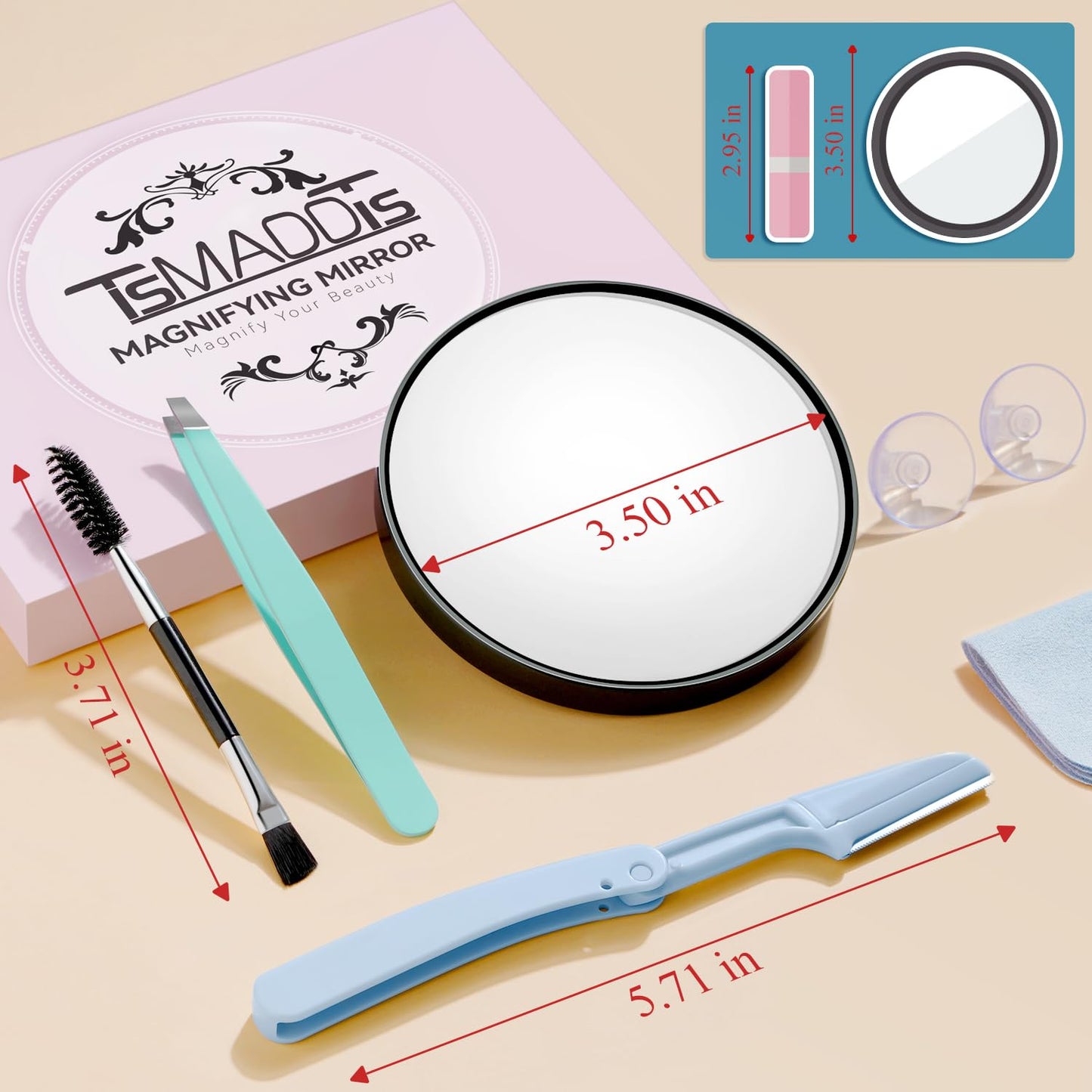 TsMADDTs 30X Magnifying Mirror and Tweezers Kit, Small Magnifying Makeup Mirror with Suction Cups for Shaving, Blackhead Blemish Removal, Compact for Travel, 3.5in