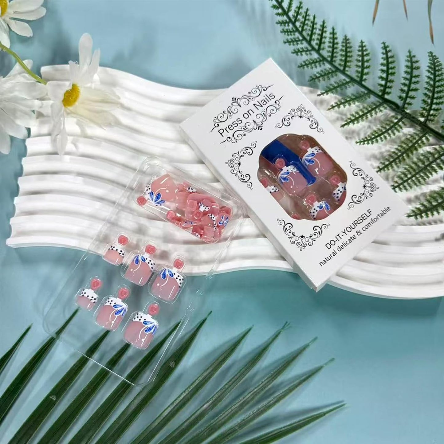 Polka Dot Press-On Toenails - Short Square Acrylic Fake Nails with Blue Flower Design | 24 Pcs for Summer Manicure