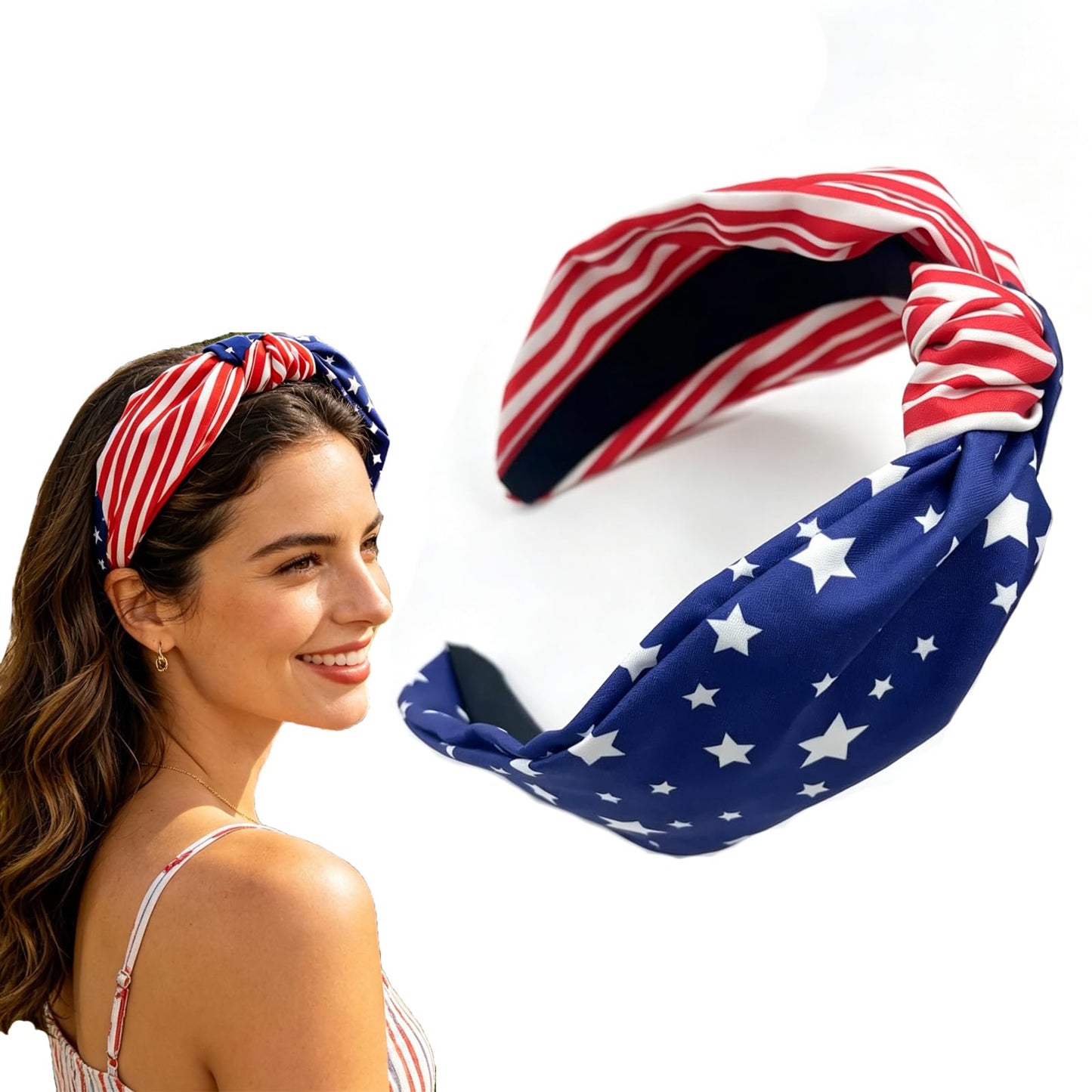 Independence Day 250th，4th of July Women's Headbands - Knotted American Flag Top Knot Hair Hoops,Handmade American Flag Headband for Women，Headband Red White and Blue Hair Accessories for Women Gifts