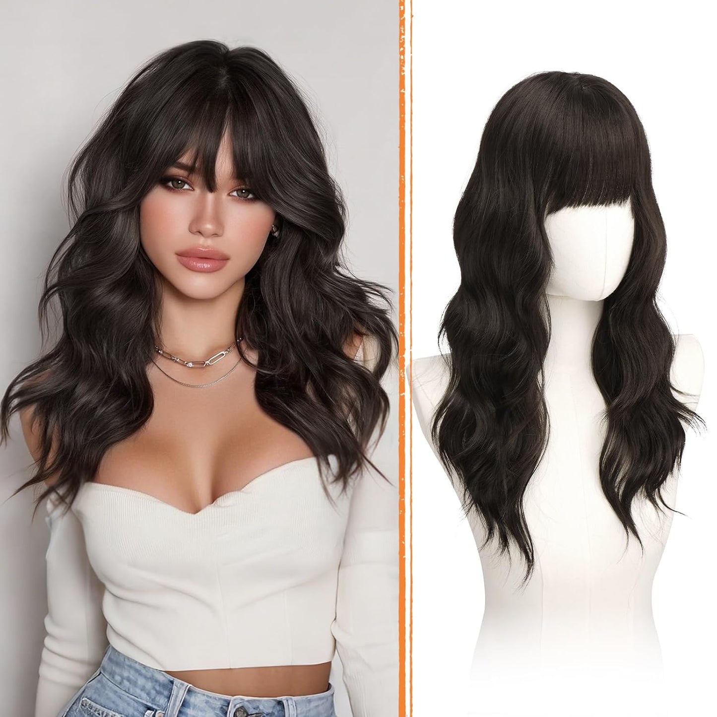 Brown Wigs with Bangs - 20-Inch Long Soft Wavy Synthetic Heat-Resistant Hair Wig for Women | Natural Look
