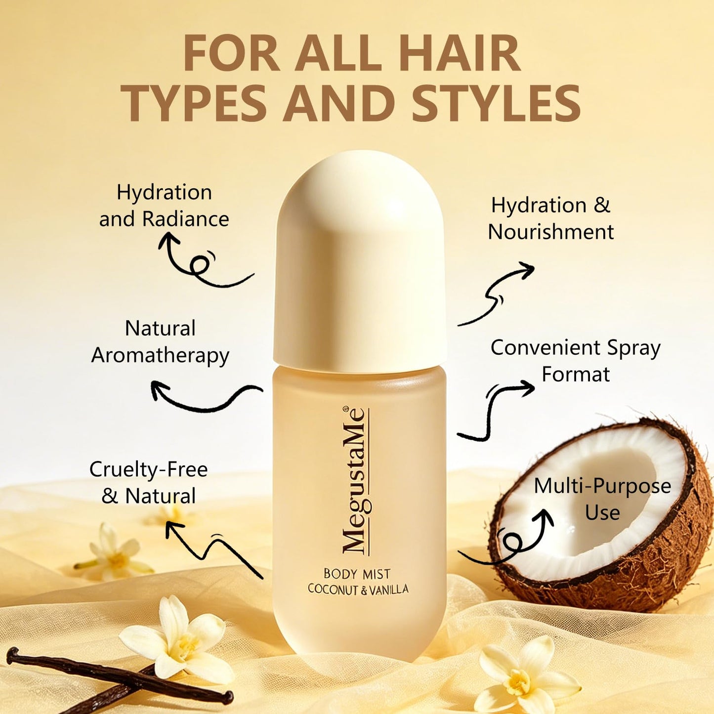 MegustaMe Coconut Vanilla Body & Hair Spray for Women, Long-Lasting Fresh Fragrance, Paraben-Free & Phthalate-Free, 2-in-1 Hair & Body Mist, 3.38 fl oz (100ml)