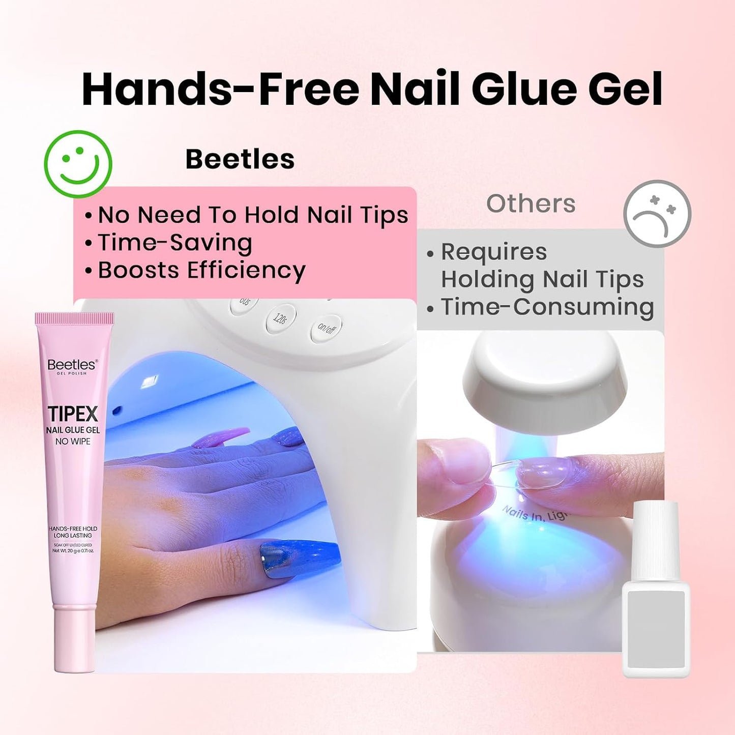 Beetles Nail Glue Gel - 20g No Wipe Formula for Instant Apex Nail Tips | Flat-Nail Friendly, UV/LED Cured