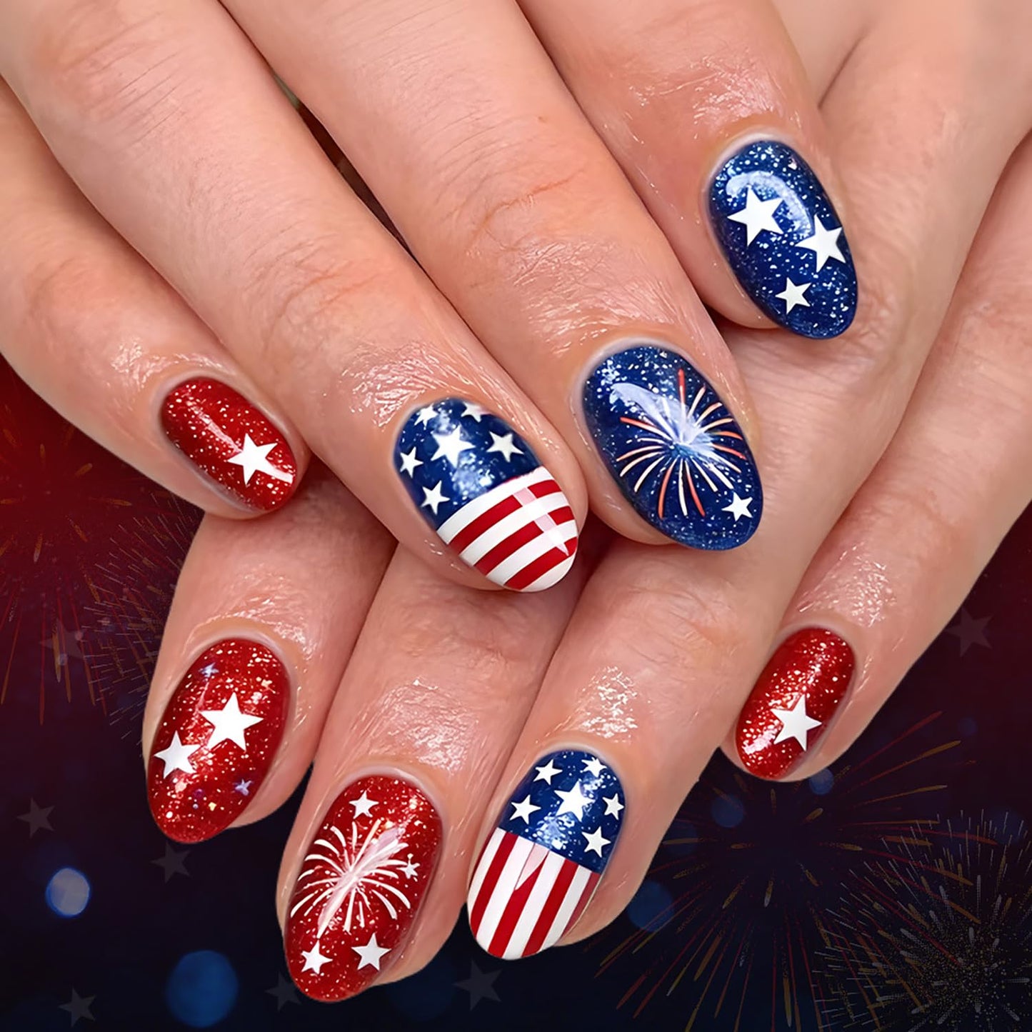 24Pcs 4th of July Press-On Nails - Medium Square Red, Blue & White Glitter Designs | Reusable Patriotic Acrylic Nails for Women