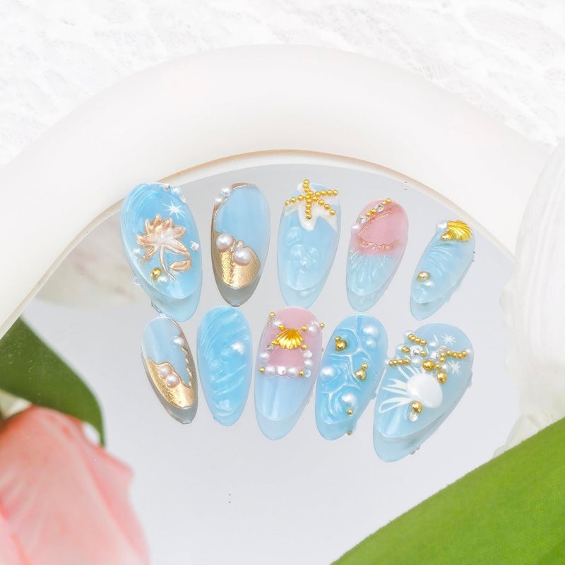 Tropical Almond Press-On Nails - 24Pcs 3D Seashell & Starfish Design | Ocean Blue Full Cover