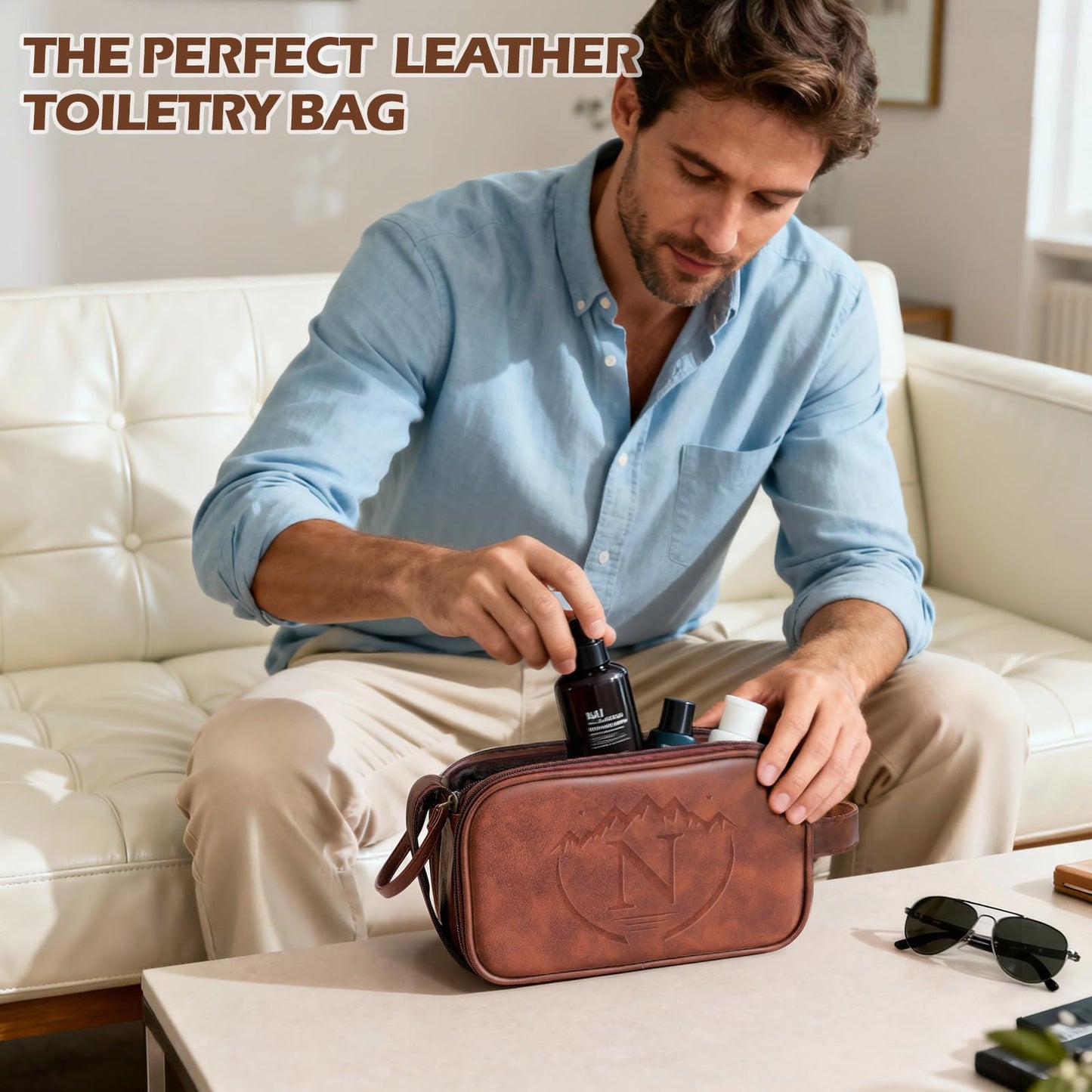 Personalized Groomsmen Gifts Travel Toiletry Bag for Men, Engraved Monogrammed Initial PU Leather Water-Resistant Shaving Bag, Traveling Essentials for Adults Man Dad Husband Boyfriend Groomsmen,N