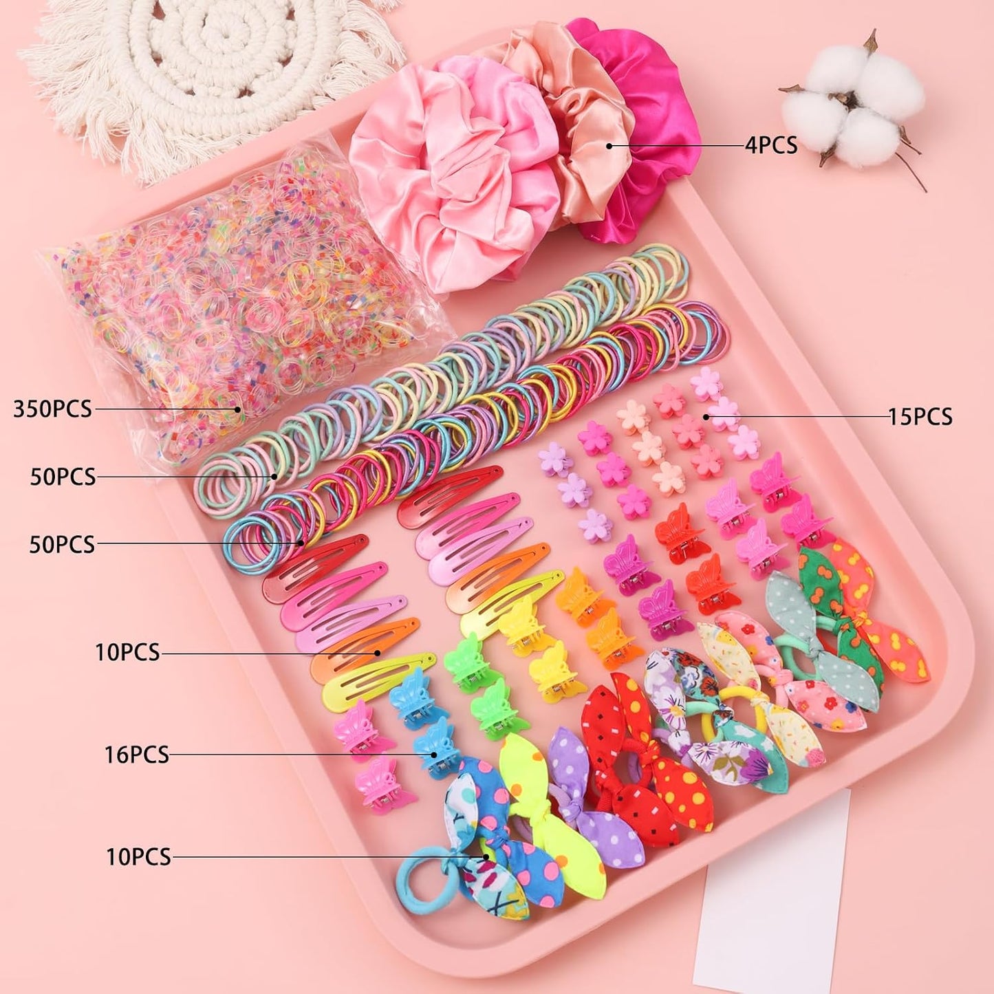 Colorful Elastic Hair Ties Set for Girls - 505PCS Cute Rabbit Ear, Mini Flower Clips & Satin Silk Scrunchies | Gift Box Included
