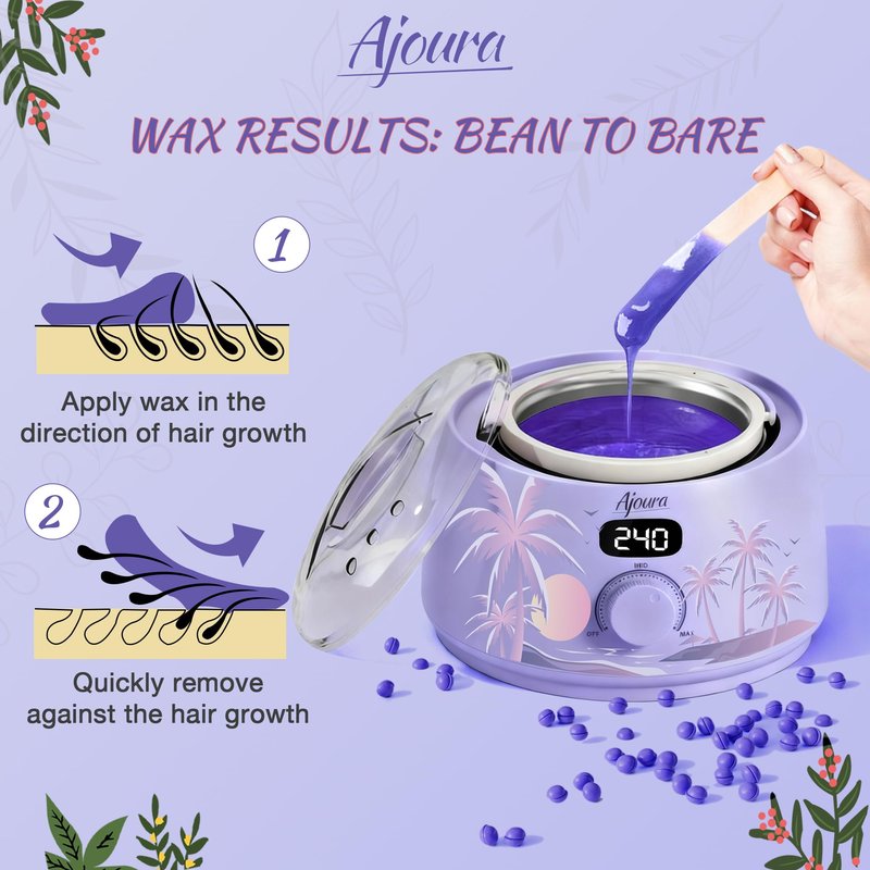 Ajoura Hard Wax Warmer for Brazilian & Bikini, Digital Hair Removal Kit with See-Through Lid, 10-Min Heat, 30 Wax Sticks, Beginner Friendly for Full Body & Face (Purple)