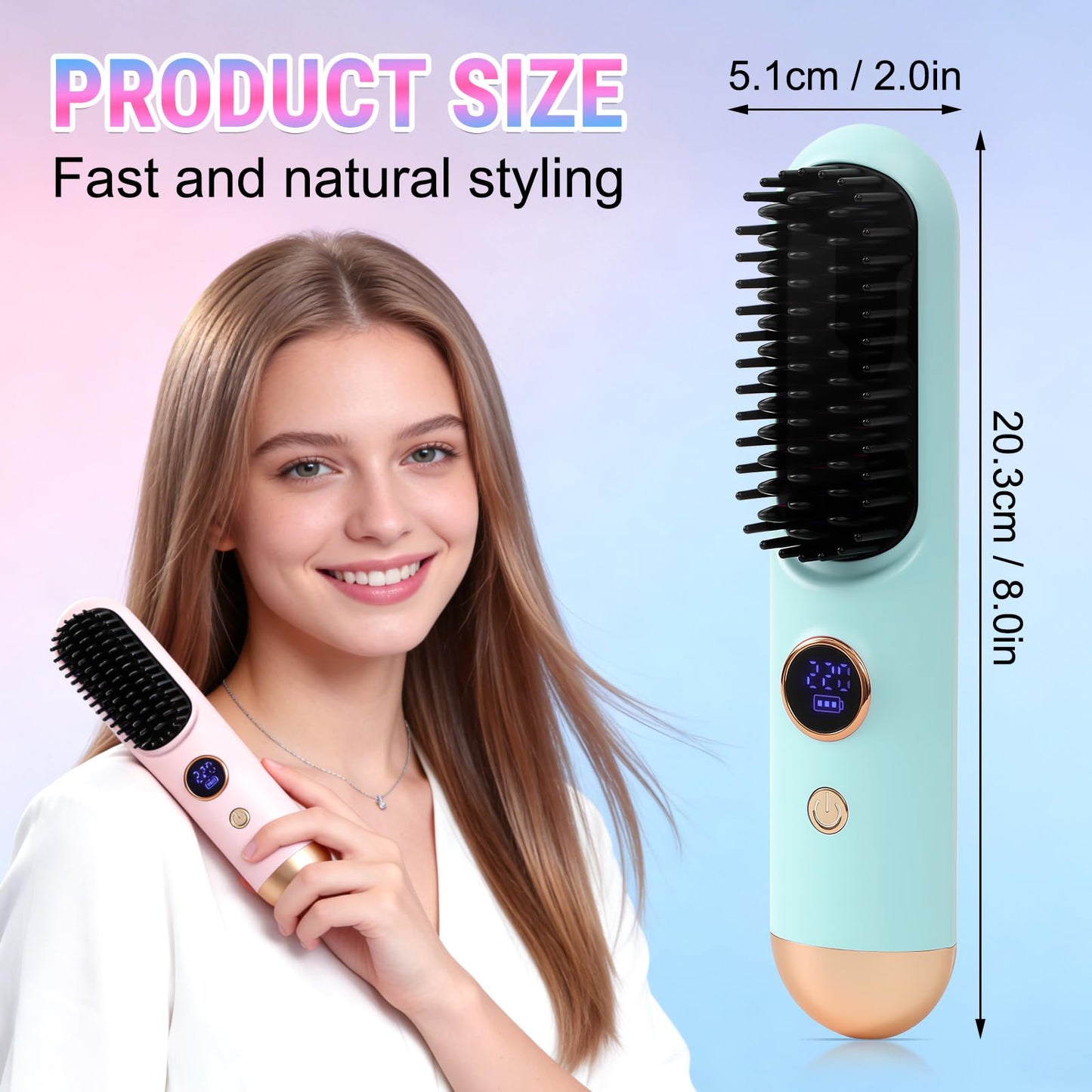 2026 Hair Straightener Brush, Cordless Hair Straightener Brush for Short Hair, Mini Portable Cordless Travel Straightening Hair Comb Brush with 9 Temps Fast Heating for Women (Blue)