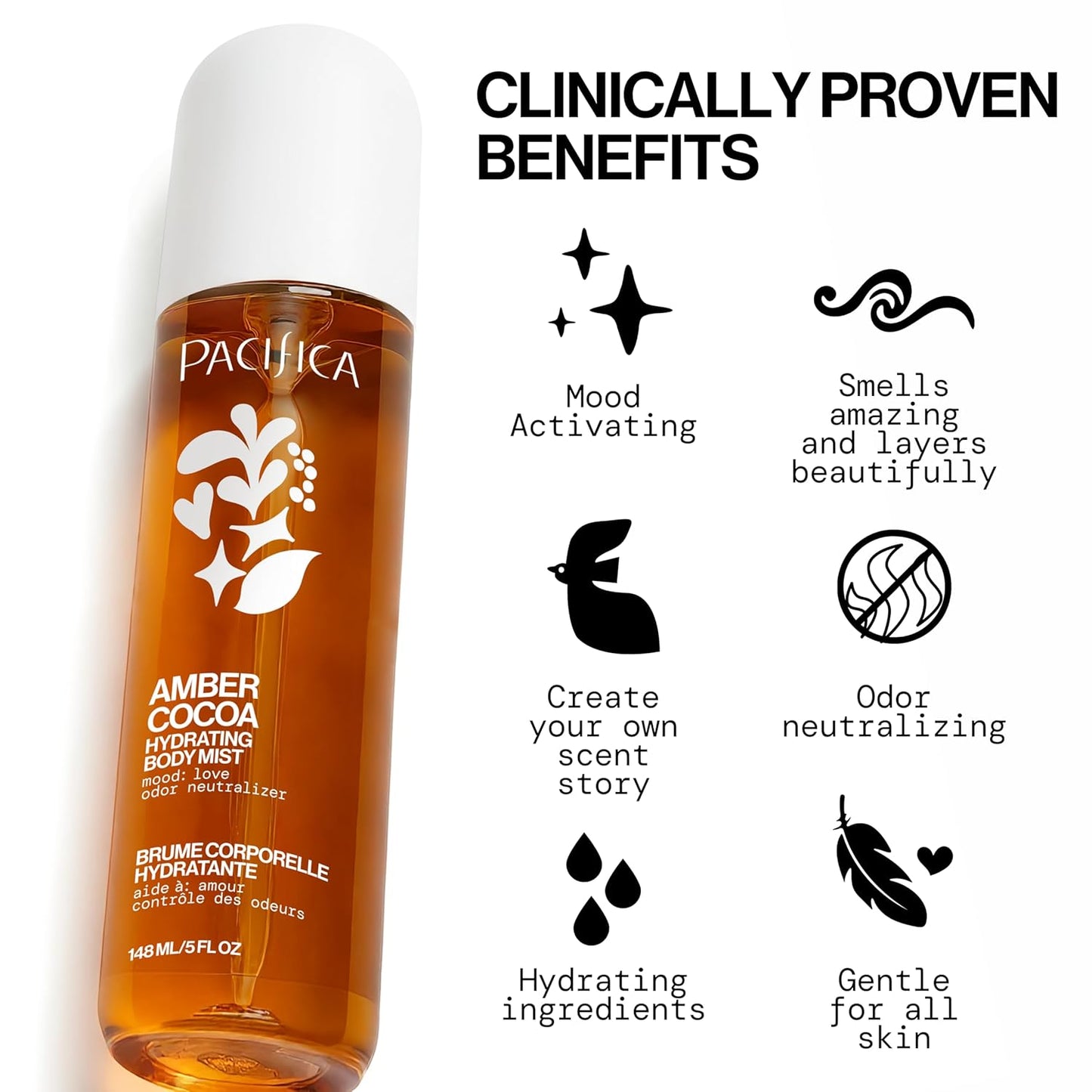 Pacifica Amber Cocoa Gourmand Body Mist - Hydrating Vanilla Coffee Cocoa Spray | Vegan, 5 oz