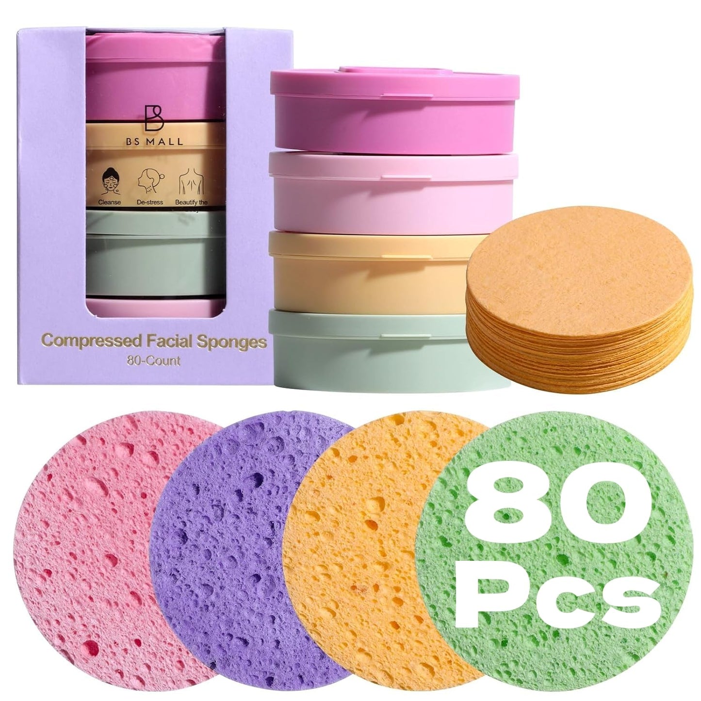 Compressed Facial Sponges - 80 Count Reusable Face Cleansing Pads | Gentle Exfoliating Makeup Removal Sponges for Deep Cleansing