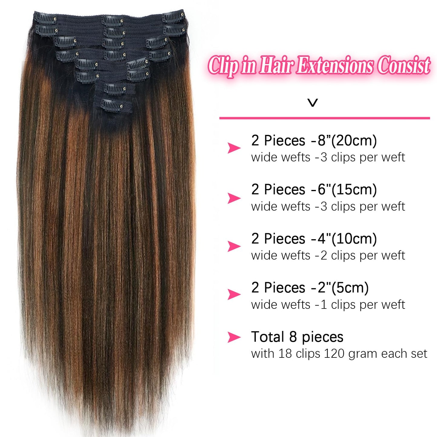 Mihugass Yaki Straight Clip ins Real Human Hair Extensions For Women Highlight Hair Extensions Yaki Straight Clip in Hair Extensions(18inch,T1BP1B/30)