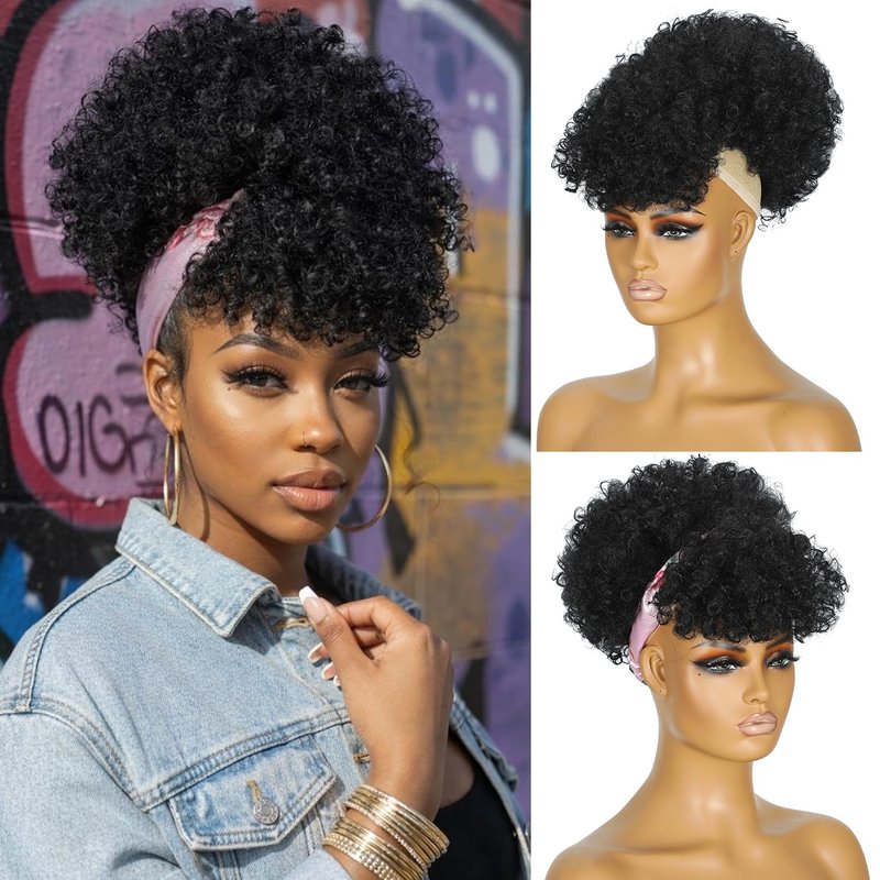 Afro Puff Drawstring Ponytail with Bangs - Kinky Curly Synthetic Hair Extensions for Black Women | Fluffy Natural Black Updo