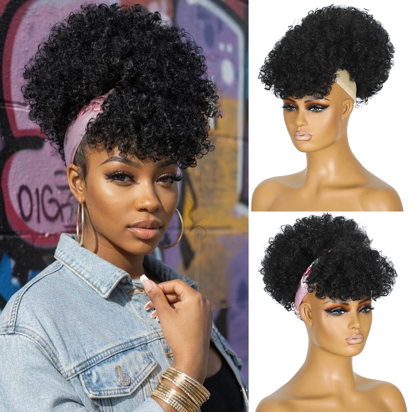 Kinky Curly Mohawk Wig - Short Grey Ponytail with Bangs | Fluffy Synthetic Clip-On Hair 1B/Grey