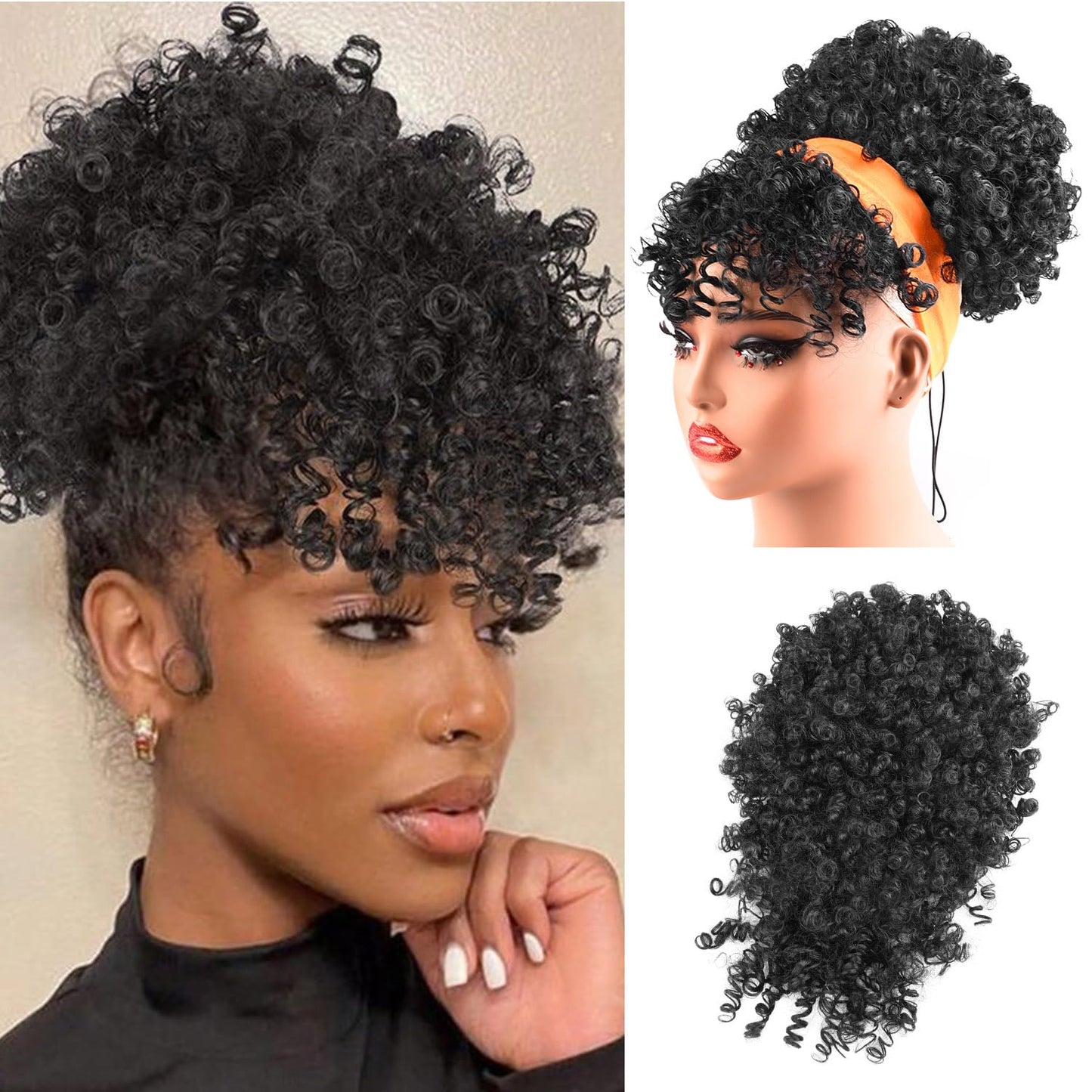Drawstring Ponytail for Black Women - Kinky Curly Afro Puff Hair Extension with Bangs | Natural Updo Wig