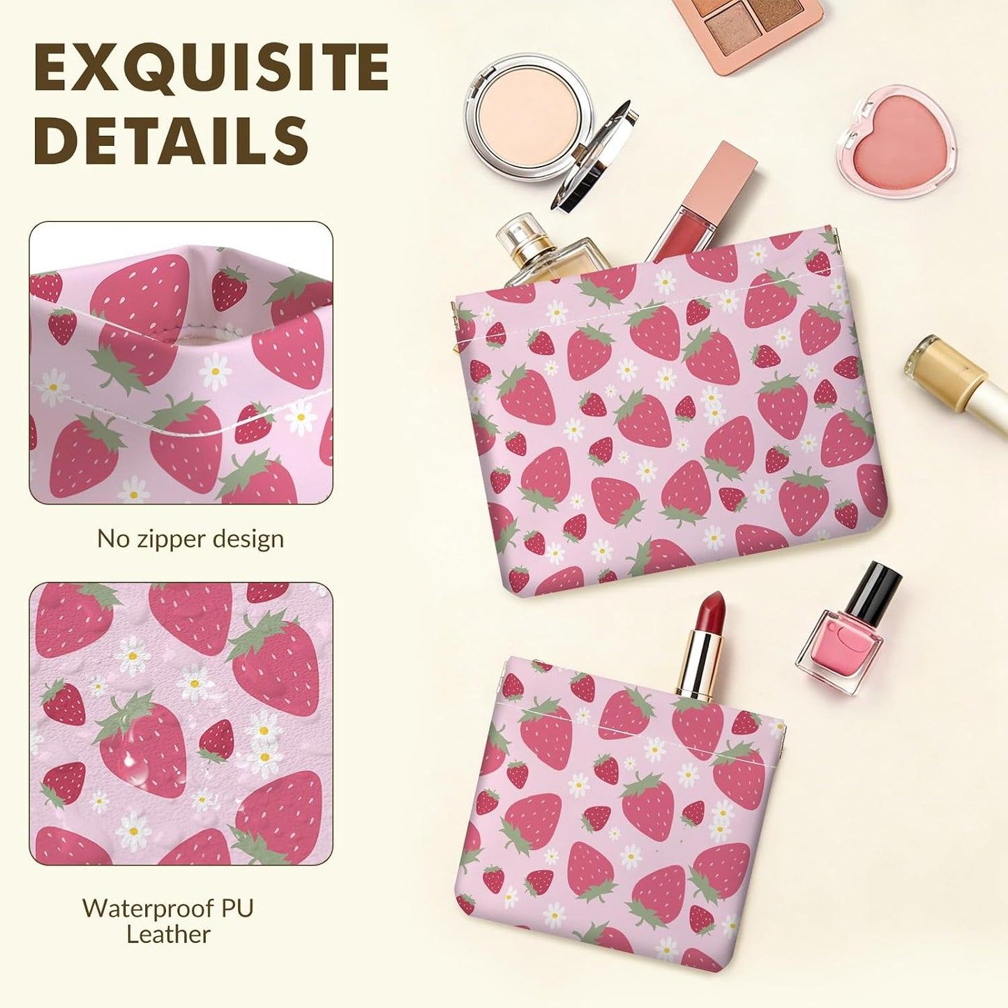 Makeup Bag Set - 2 PCS PU Leather Cosmetic Organizer for Women | Portable Self-Closing Pouch in Strawberry