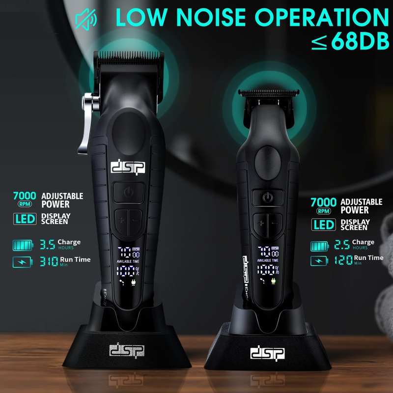 DSP Professional Hair Clippers Set for Men, Cordless Barber Clipper Beard Trimmer DLC, USB Rechargeable, Speeds Adjustable, Travel Lock, Low Noise with Charging Base