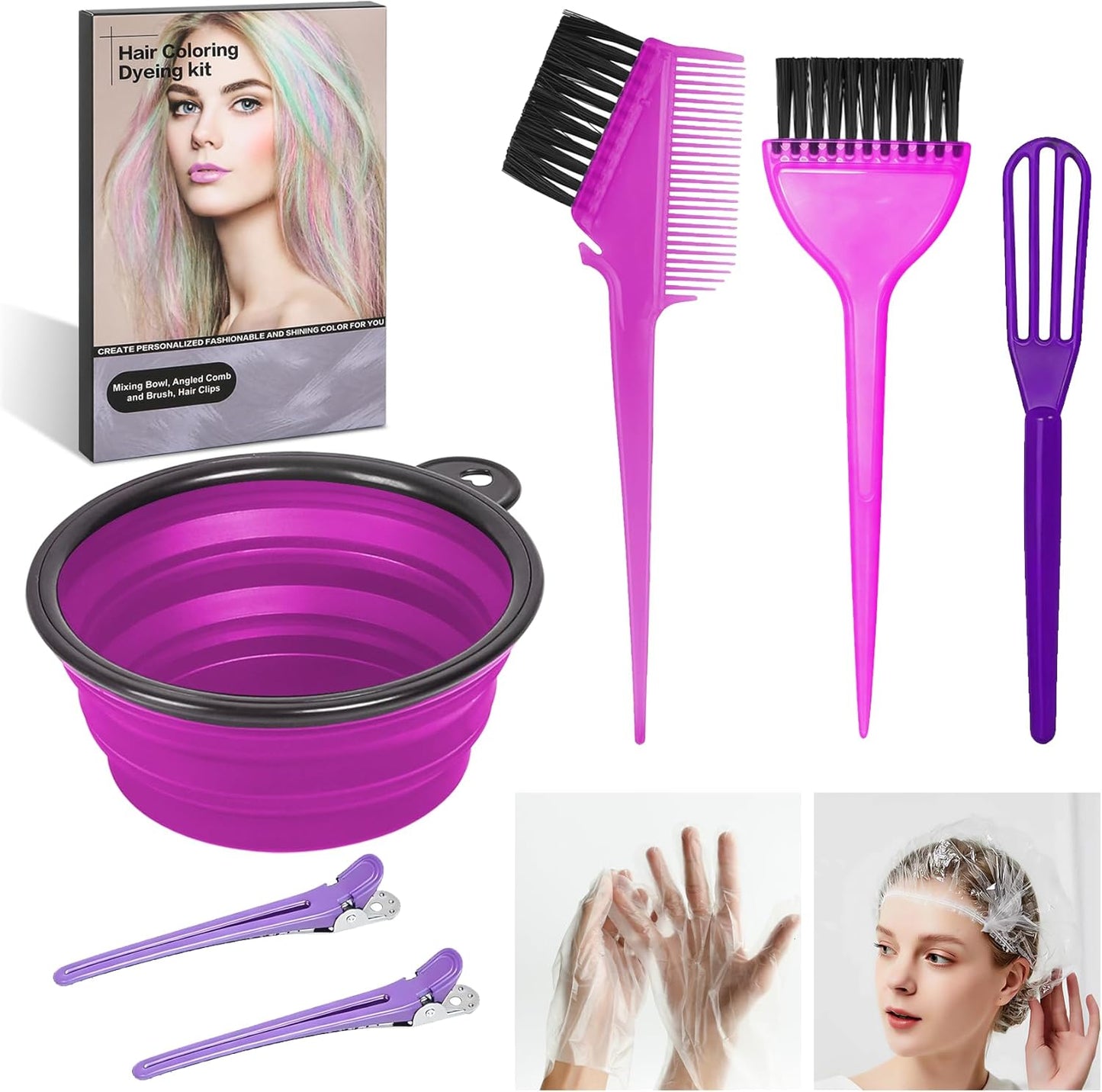 Hair Coloring Kit - 8 Professional Dye Tools for Home Salon Use | Bowl, Brush, Comb, Clips, Gloves, Shower Cap - Reusable Supplies (Black)