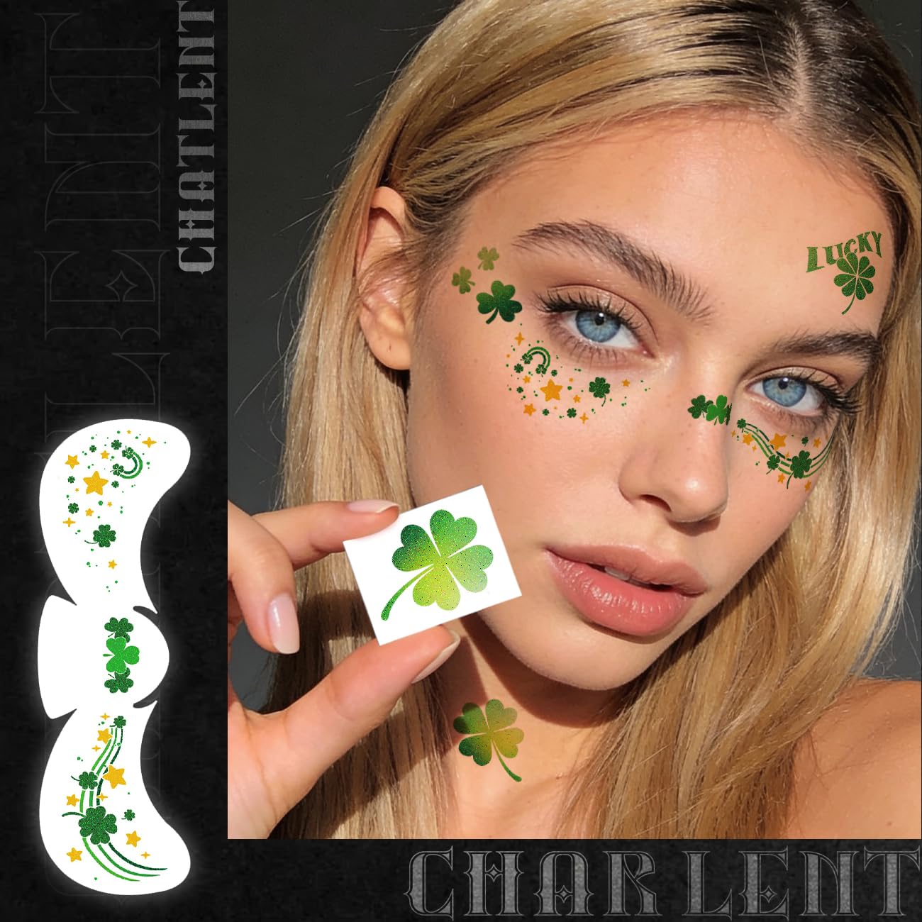 CHARLENT Glitter Shamrock Freckles Face Tattoos | 18 Sheets St. Patrick’s Day Temporary Makeup Patches for Women Kids St. Patrick's Day Parade, Irish Festival Looks