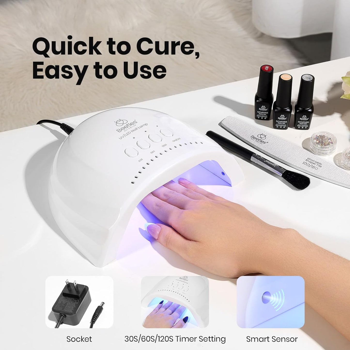 Beetles UV Nail Lamp - LED Nail Dryer with Smart Sensor | 3 Timer Settings for Fast Gel Curing, White