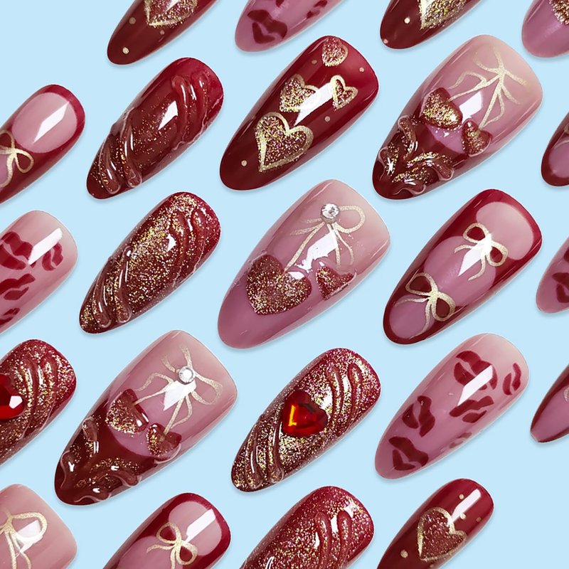 Valentine's Press-On Nails - 30pcs Medium Almond with 3D Red Heart & Glitter Designs | Full Cover Red French Tips