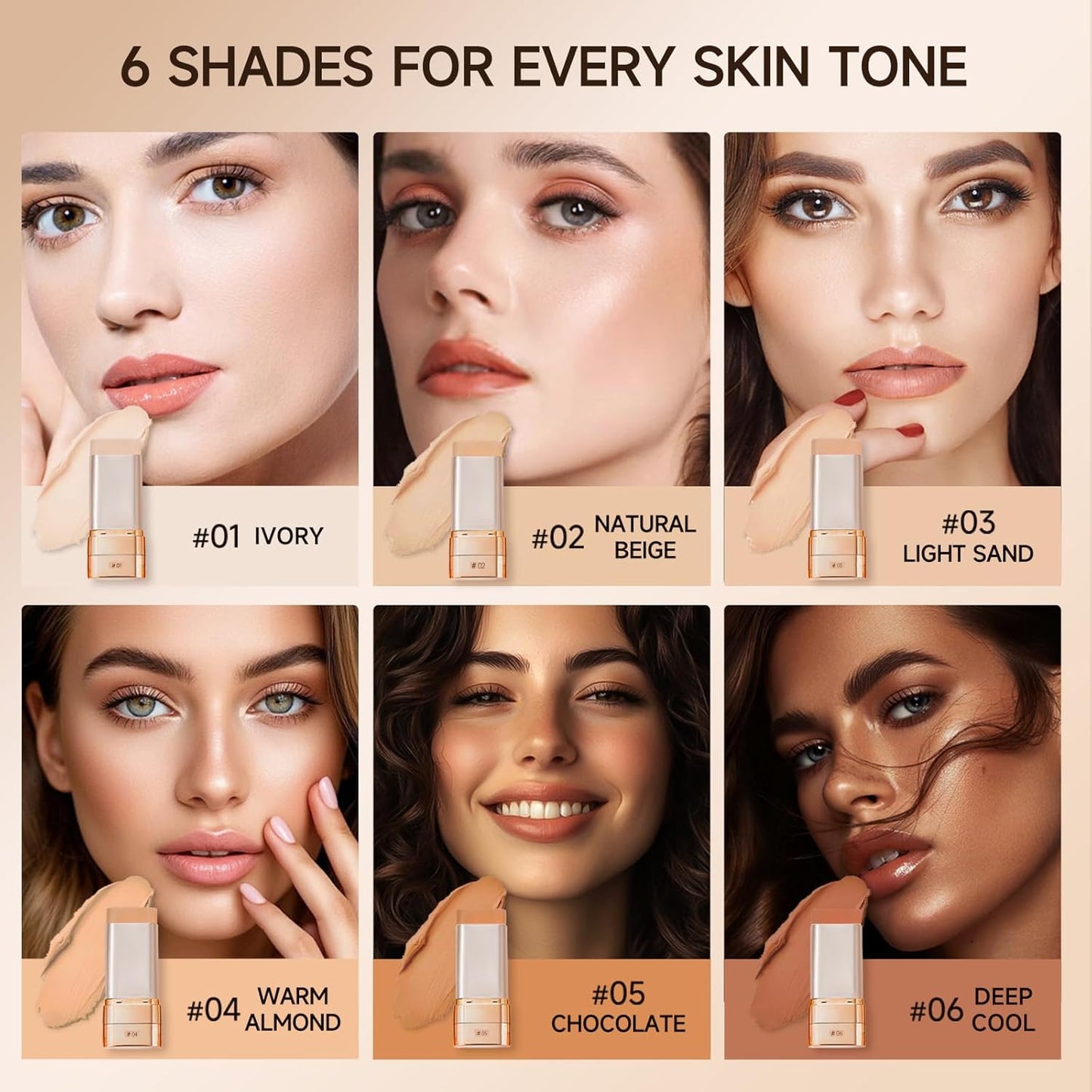 Foundation Stick for Mature Skin - Buildable Light to Full Coverage Makeup | Dual-Ended with Brush - Natural Dewy Finish (Chocolate)