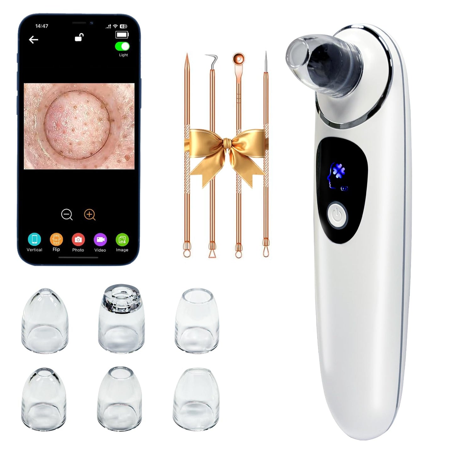 2026 Blackhead Remover with Camera, Pore Vacuum Cleaner with USB, Facial Pore Cleaner for Nose, 6 Suction Heads & 4 Skin Tools, At-Home Skincare Tool for Women & Men-White