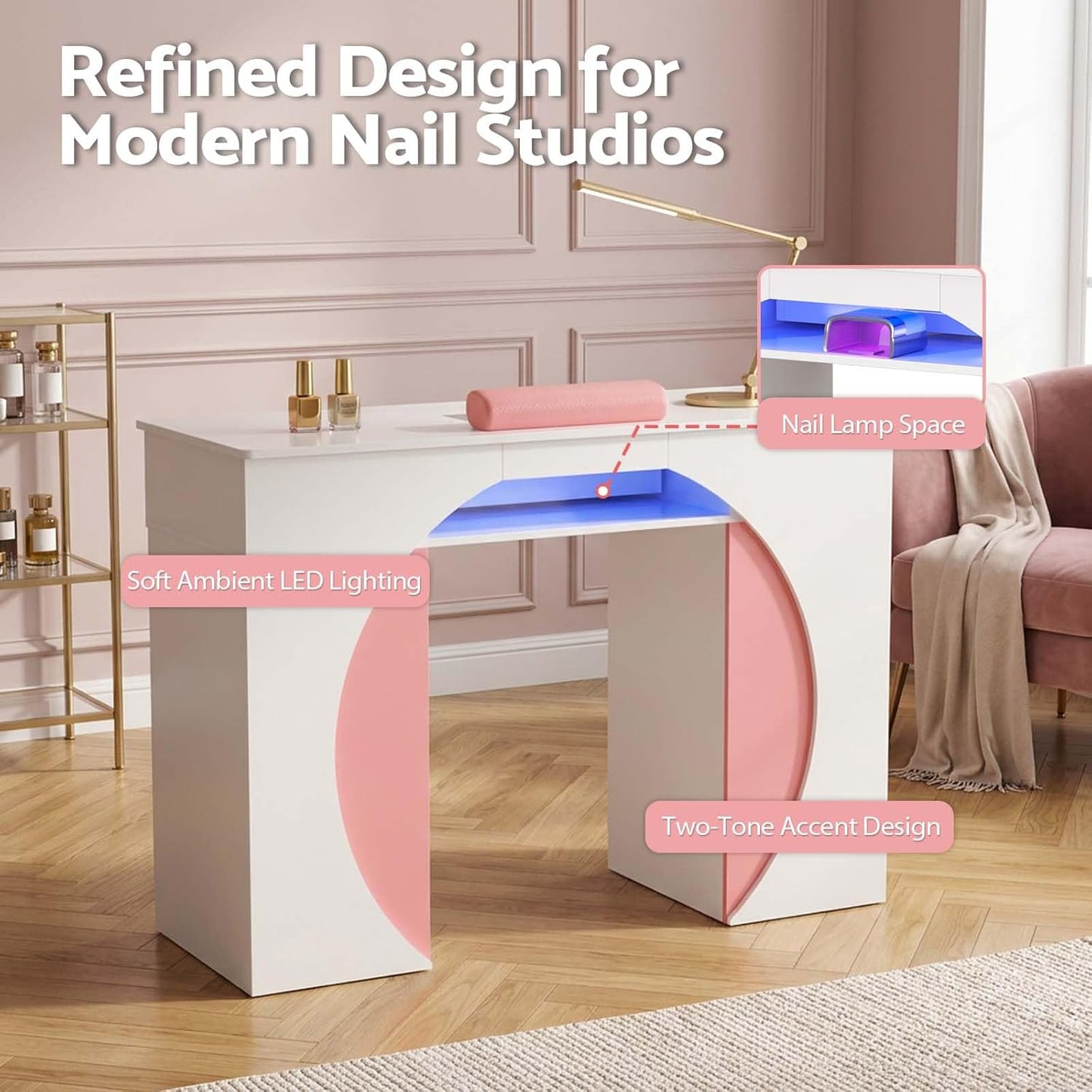 Nail Desk with Dust Collector & LED Lights - Professional Manicure Table for Salon or Home Studio | White with Pink Accents