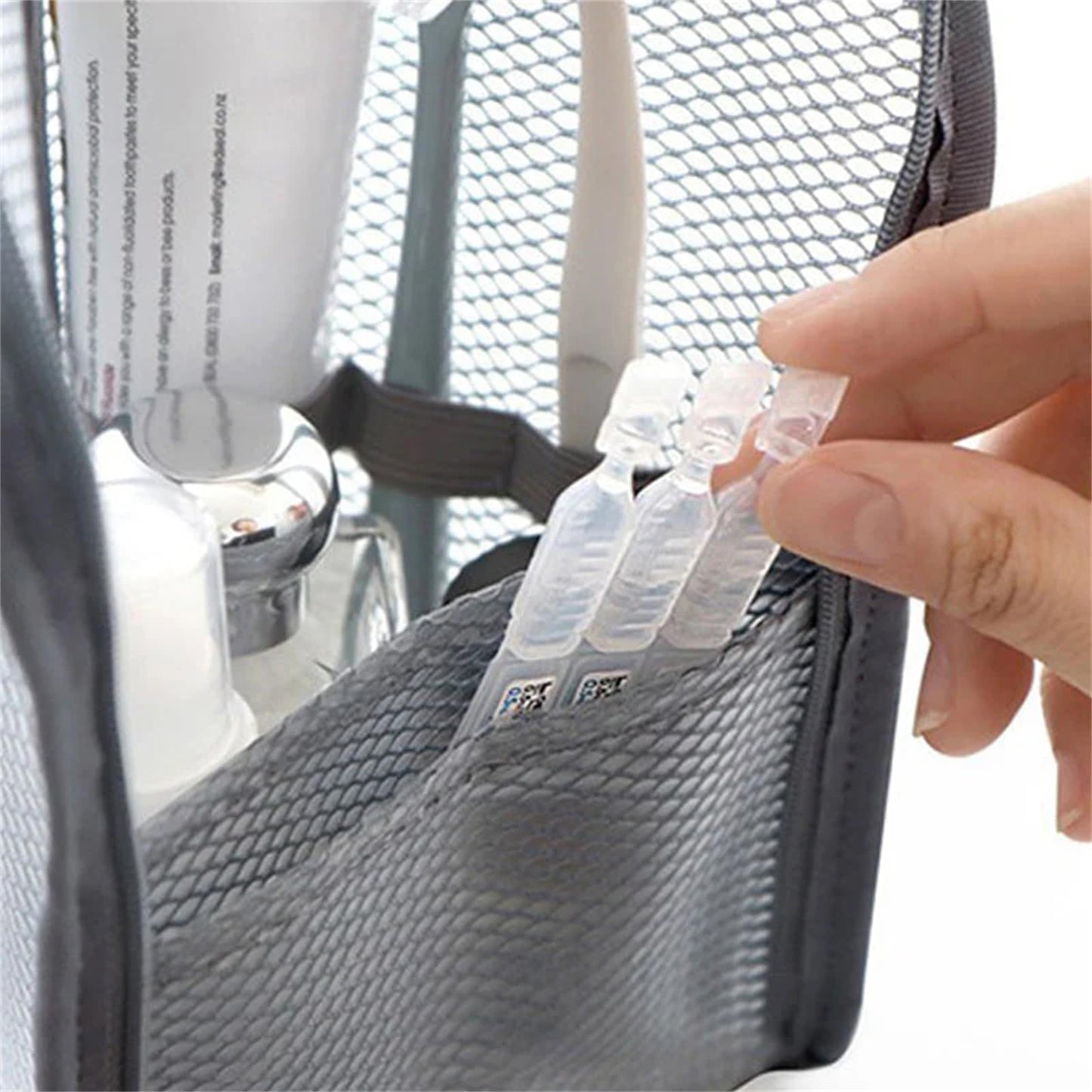 LILVEYUme Standing Travel Toiletry Bag, Portable Lightweight EVA Mesh Clear Cosmetic Organizer, Waterproof Foldable Hanging Storage Bag for Toothbrush & Toiletries (Gray, White)