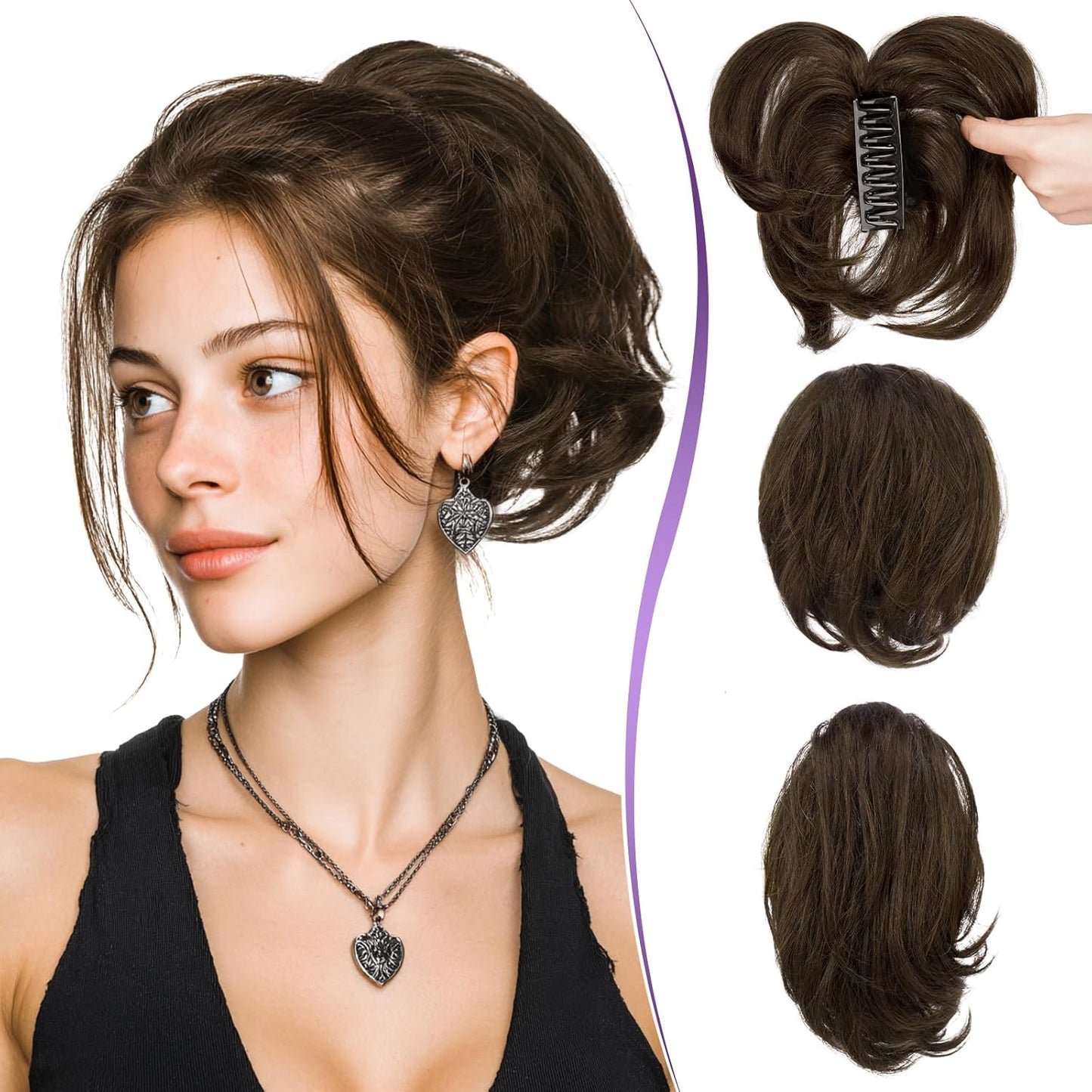 Claw Clip Short Human Hair Ponytail Extension - Bendable Metal for DIY Styles | 9 Inch Dark Brown Messy Bun