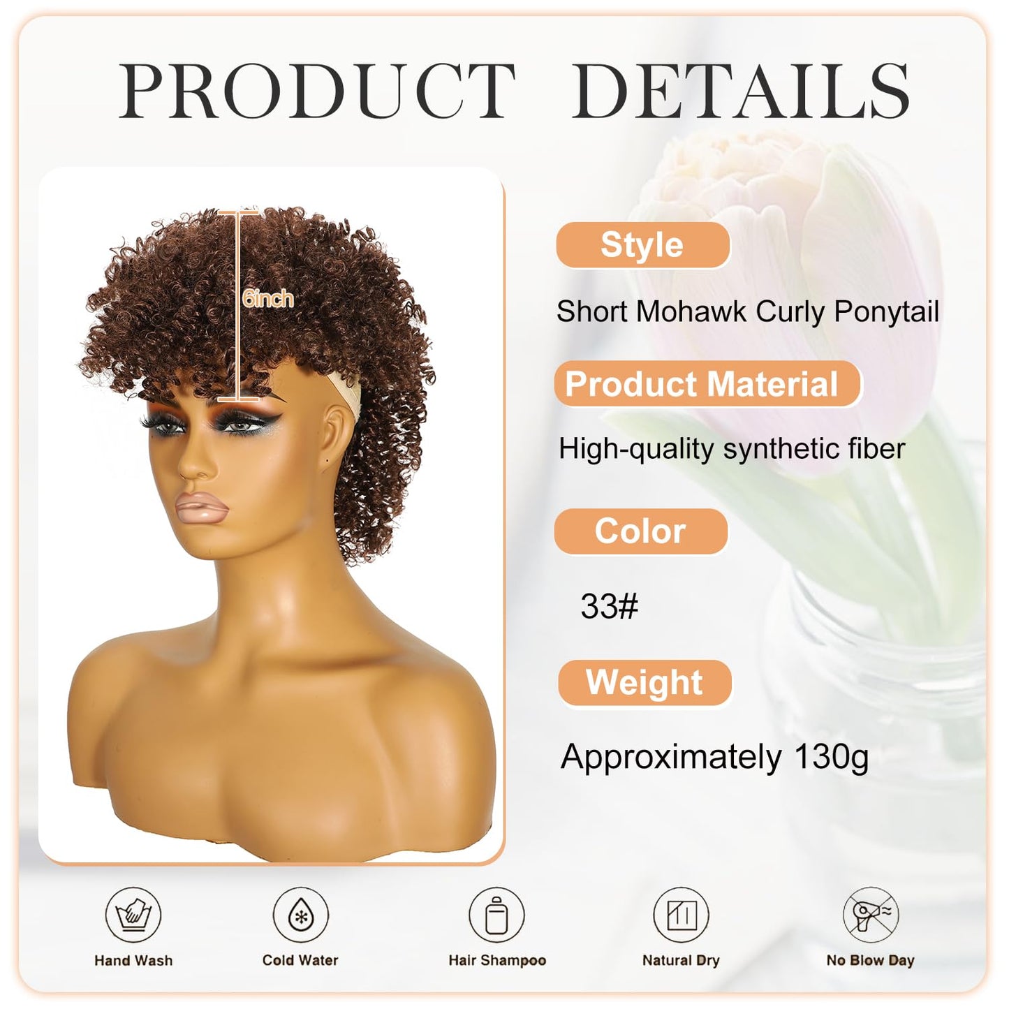 Mohawk Wig Kinky Curly Dark Brown Ponytail Extension with Bangs,Short Curly Synthetic Clip in Mohawk Ponytails with Six Clips and Two Combs Fluffy Natural Hair for Daily and Party Use 33#