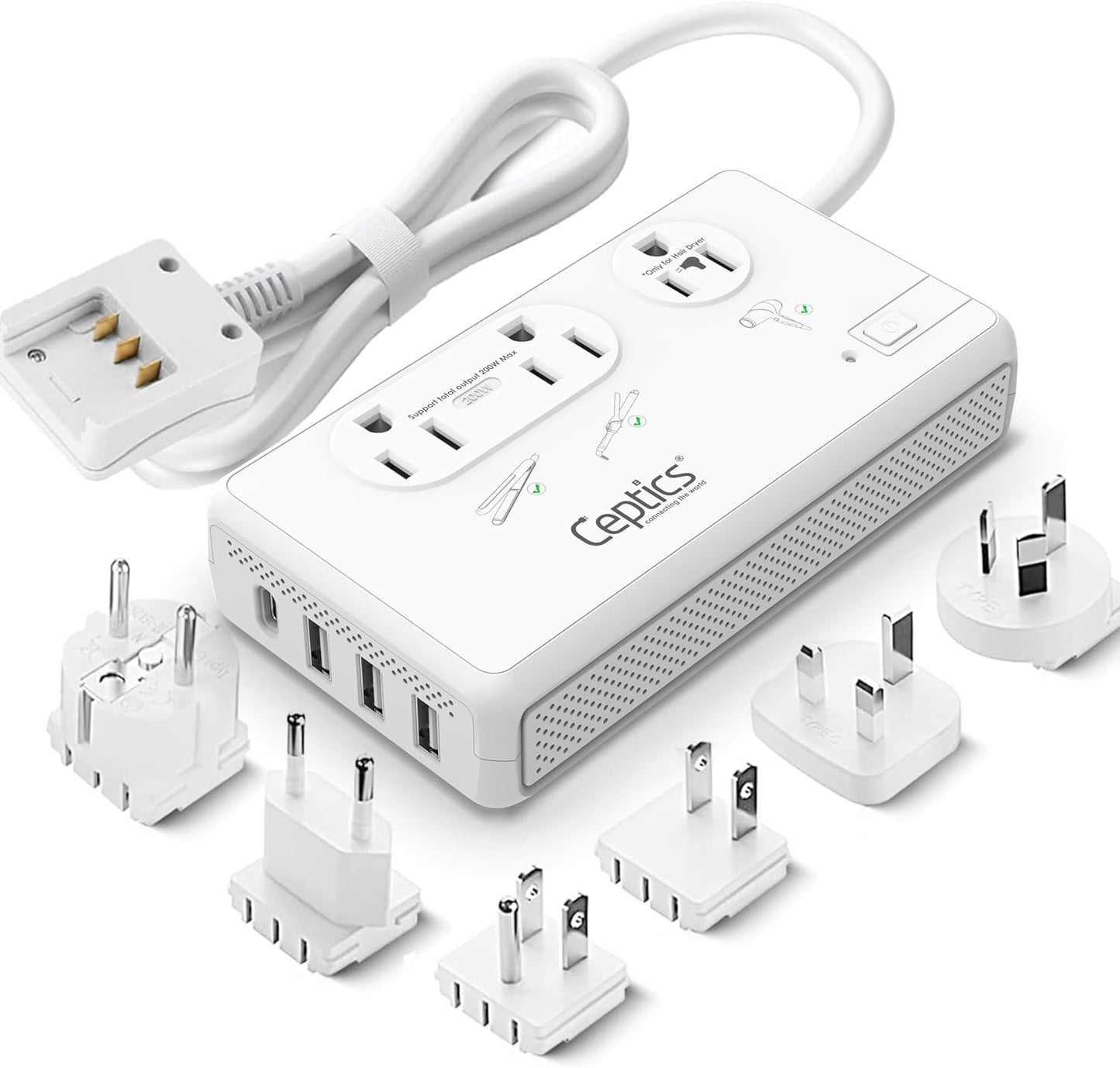 2000W Travel Voltage Converter - Step Down 220V to 110V for Hair Dryers, Curling Irons & Chargers | 4 USB Ports, QC 3.0