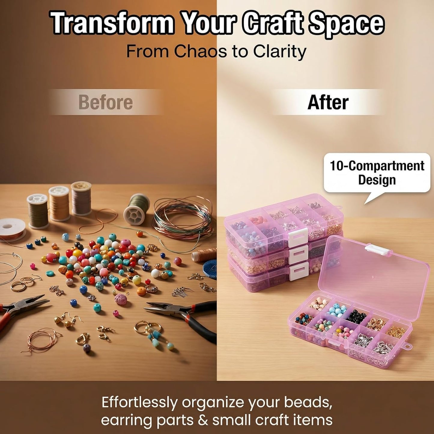 40-Grid Plastic Organizer Boxes - Waterproof Stackable Storage for Jewelry, Crafts, Nails & Fishing Tackle | 4 Pack (Pink)