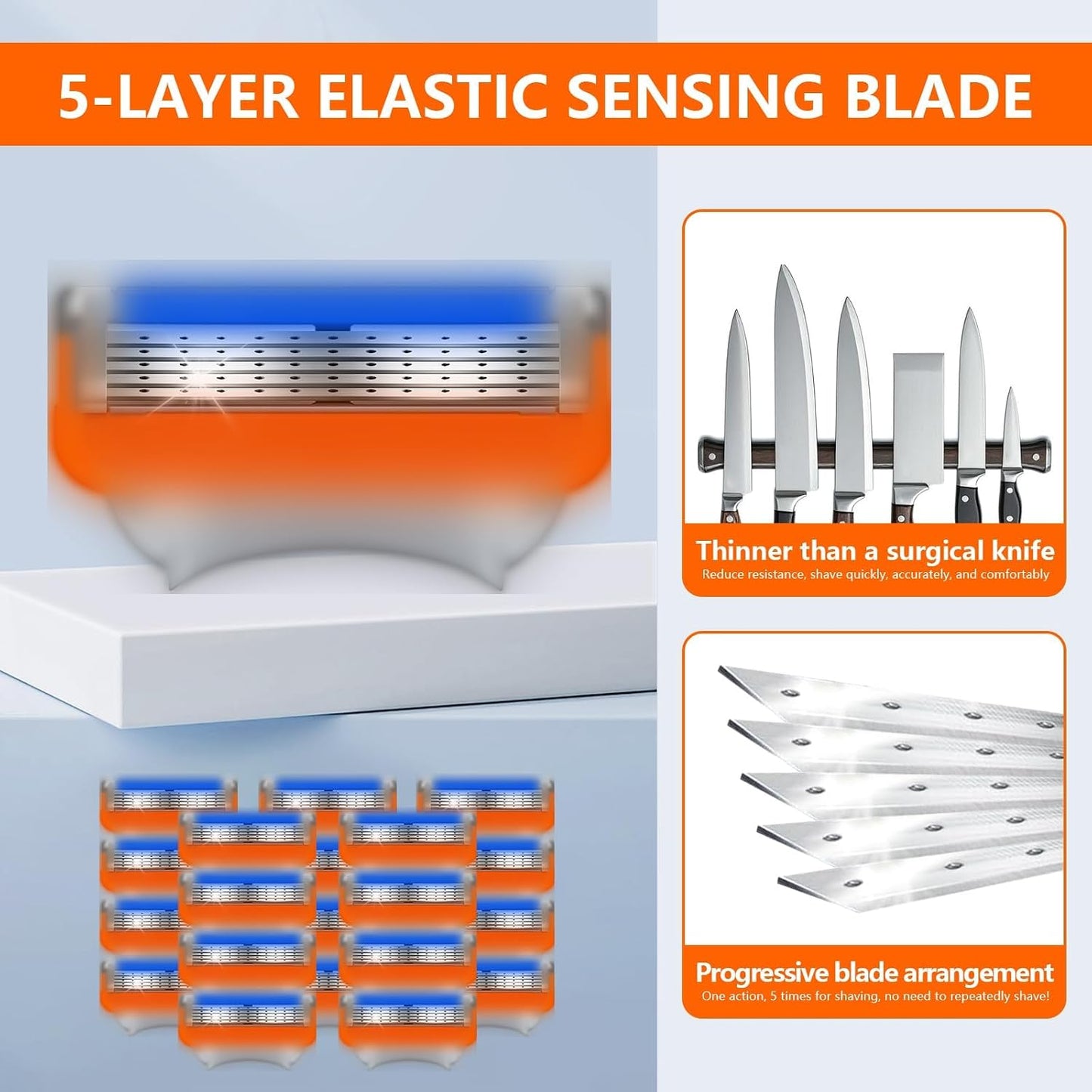 16 PCS Razor Blade Refills for Fusion 5 | Comfortable Orange Shaving Blades