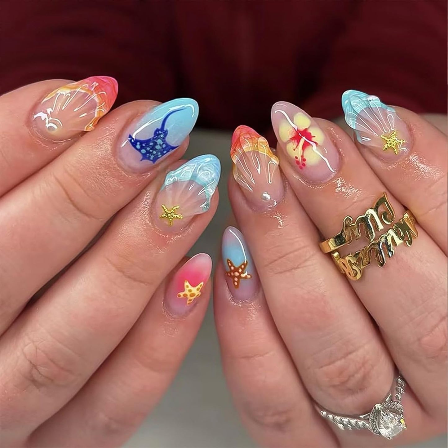 Colorful Summer Press-On Nails - Medium Almond Blue Ocean & Fish Designs | 30PCS Glossy Beach Nails for Women