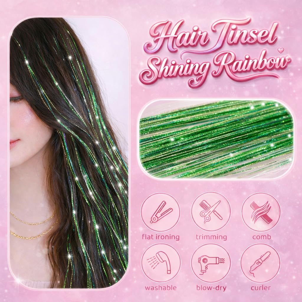 Green Hair Tinsel, 8 Pcs Fairy Hair Tinsel Kit for Girls Women