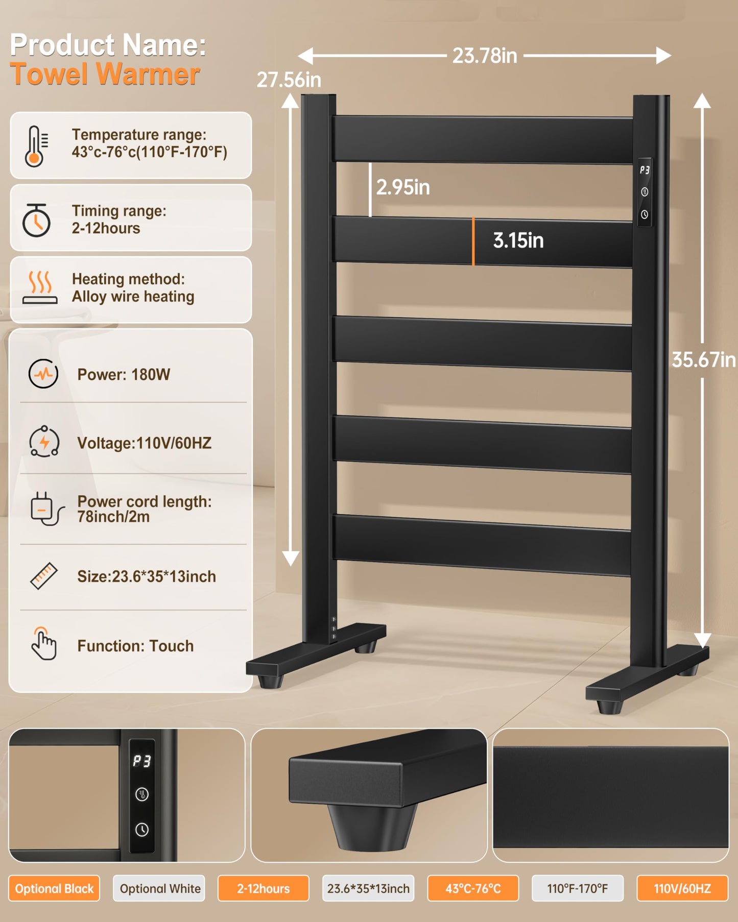 Sawlece Freestanding Towel Warmer – 5-Bar Heated Towel Rack with Timer & Adjustable Temperature, Space Aluminum, Rust-Resistant, Fast Heating in About 10 Minutes for Bathroom & Spa,Matte Black