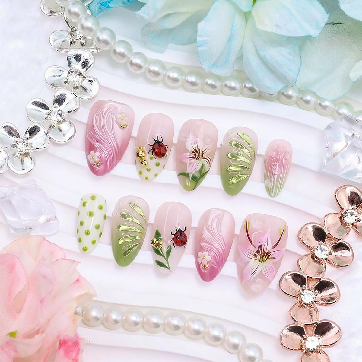 30Pcs Press-On Nails - Summer Short Almond Shape with Floral Leaf & Ladybug Design | Pink Green Gradient Full Cover