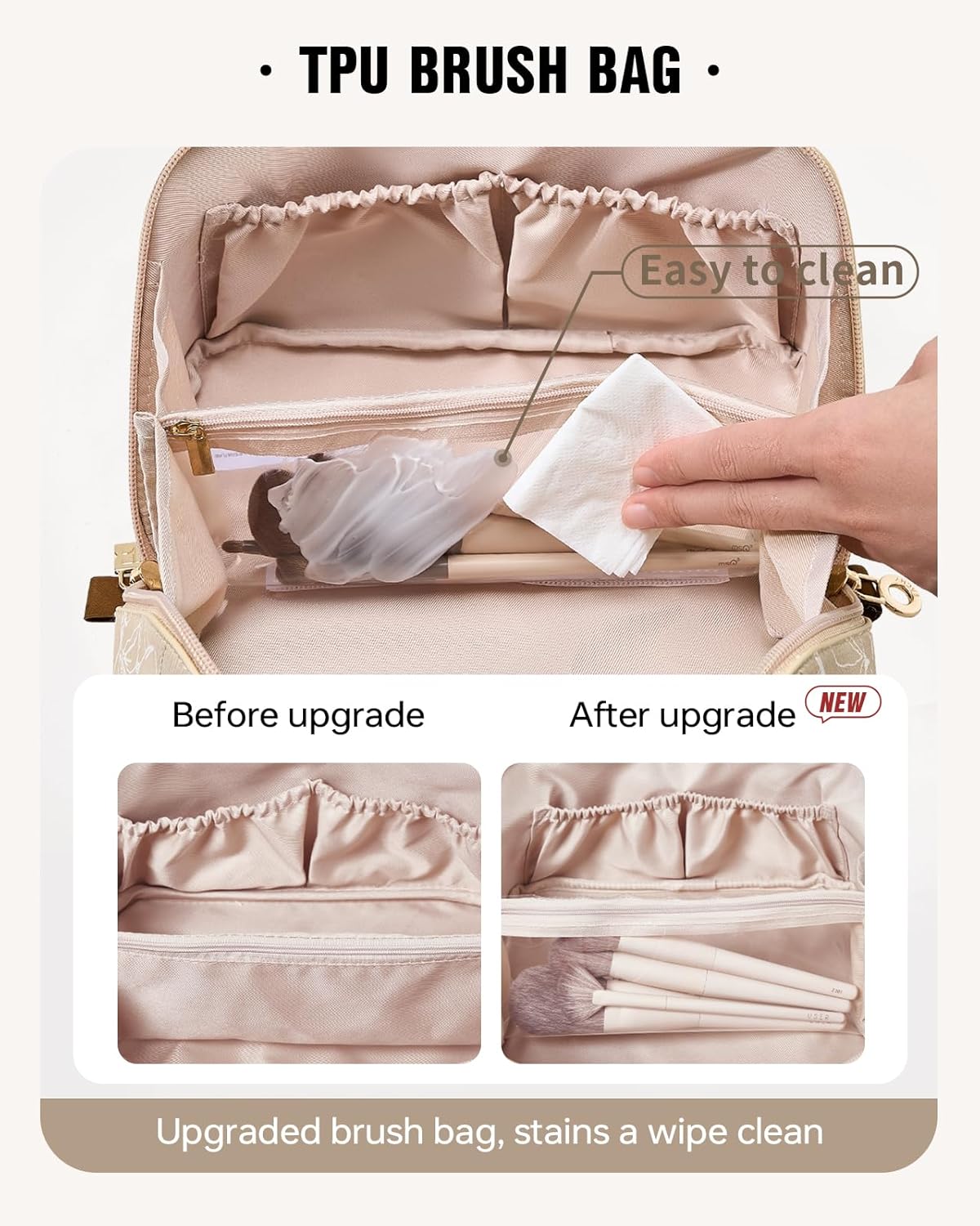 Travel Makeup Bag - Large Capacity Waterproof Cosmetic Pouch | Open Flat Design (Brown)