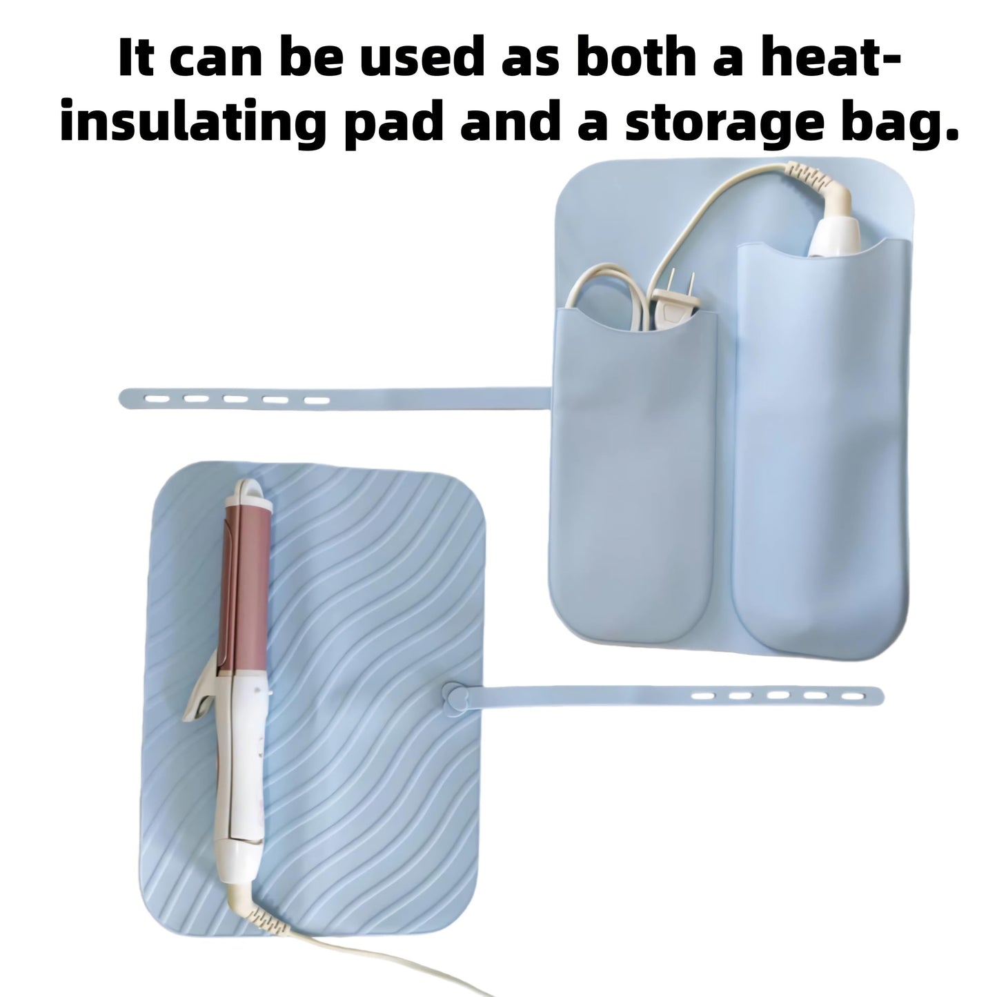 2-in-1 Flat iron holder and Heat-resistant mat for travel - hair tools travel bag to Store iron and curling iron holder (Blue)