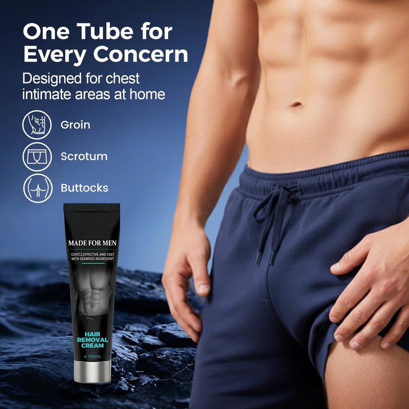 Painless Hair Removal Cream for Men, Intimate & Body Depilatory Cream for Male Grooming, Quick Hair Dissolving, Moisturizing Soothing Formula, 100ml (1)