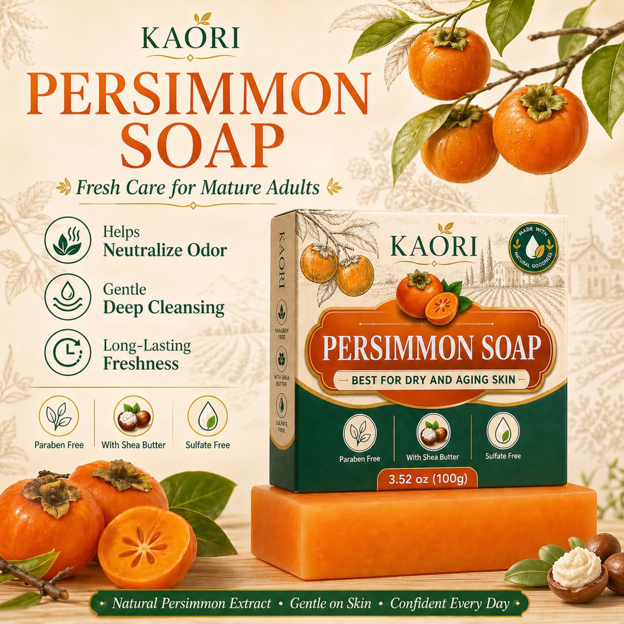 shekys KAORI Deodorizing Persimmon Soap |Feel fresh and clean all day long | with Persimmon Extract for Men & Women (1pc)