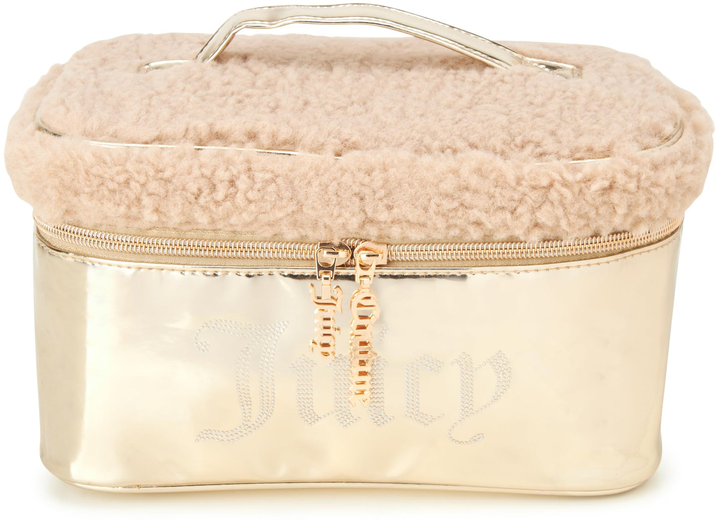 Juicy Couture Pink Makeup Bag Cosmetics Organizer Travel Essentials Train Case Shiny Rhinestones Faux Shearling