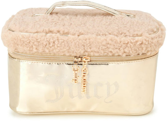 Juicy Couture Pink Makeup Bag Cosmetics Organizer Travel Essentials Train Case Shiny Rhinestones Faux Shearling